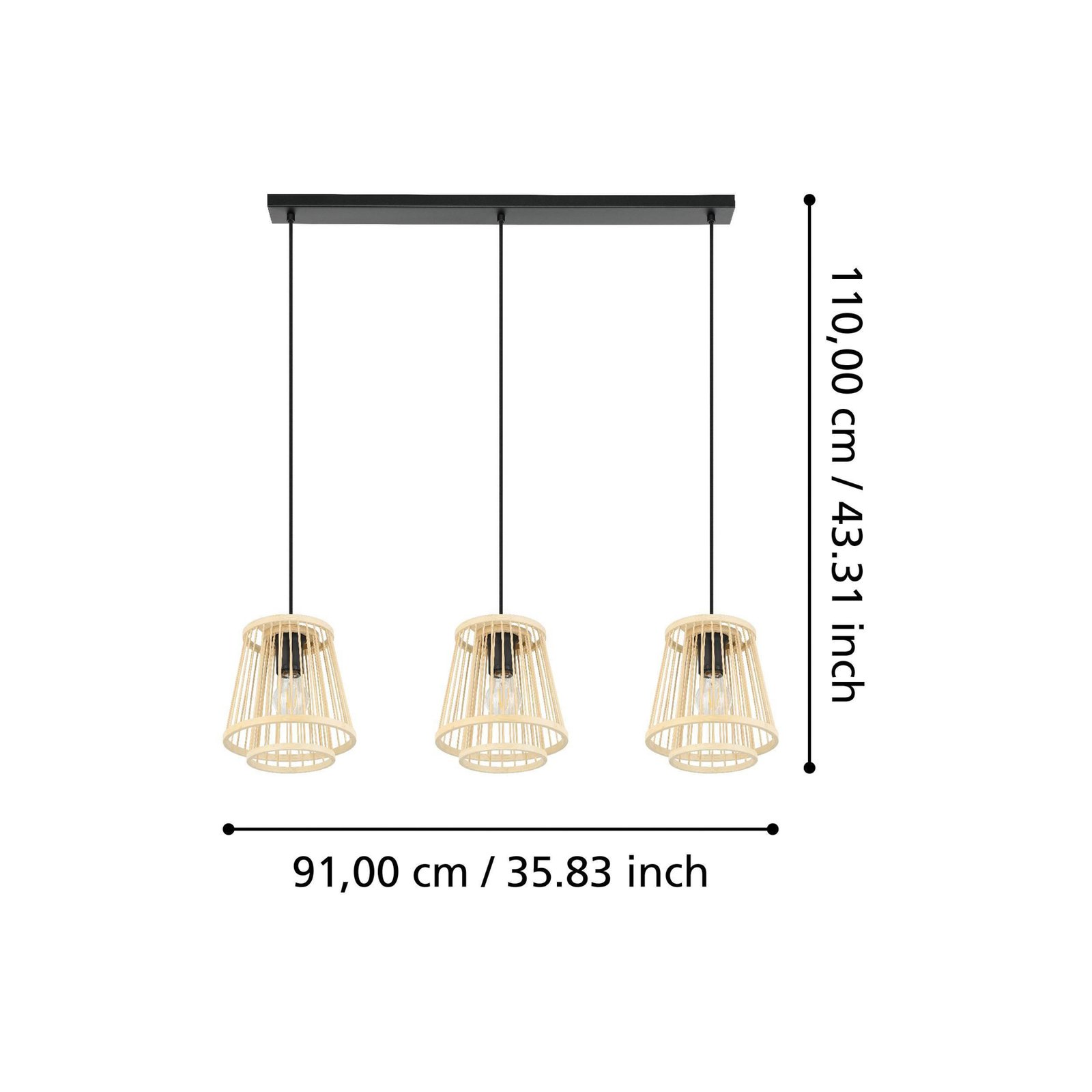 Hykeham hänglampa, längd 91 cm, natur, 3 lampor, bambu