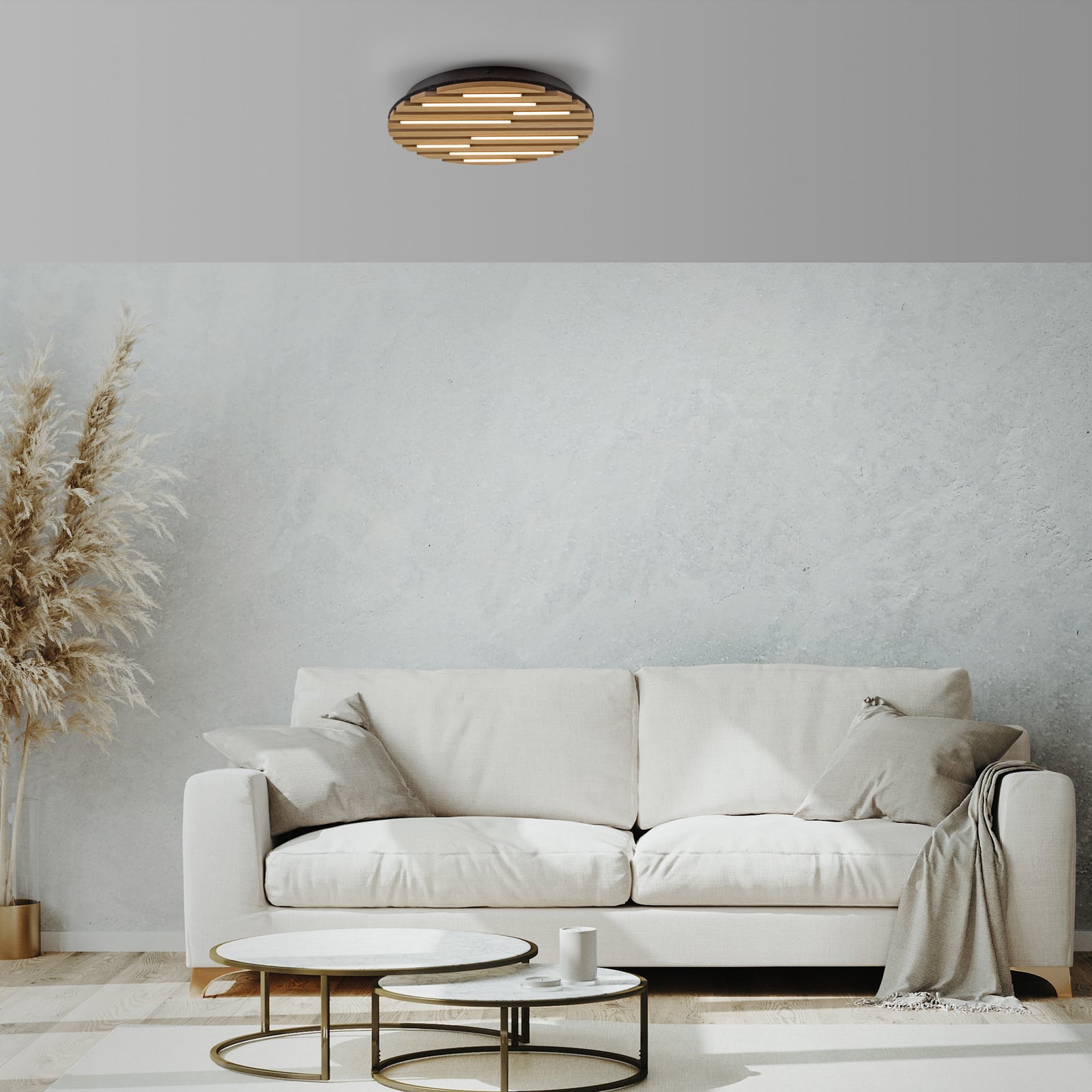 Candeeiro de teto LED Acústica, Ø 38 cm, madeira natural, metal Candeeiro de teto LED Acústica, Ø 38 cm, madeira natural, metal