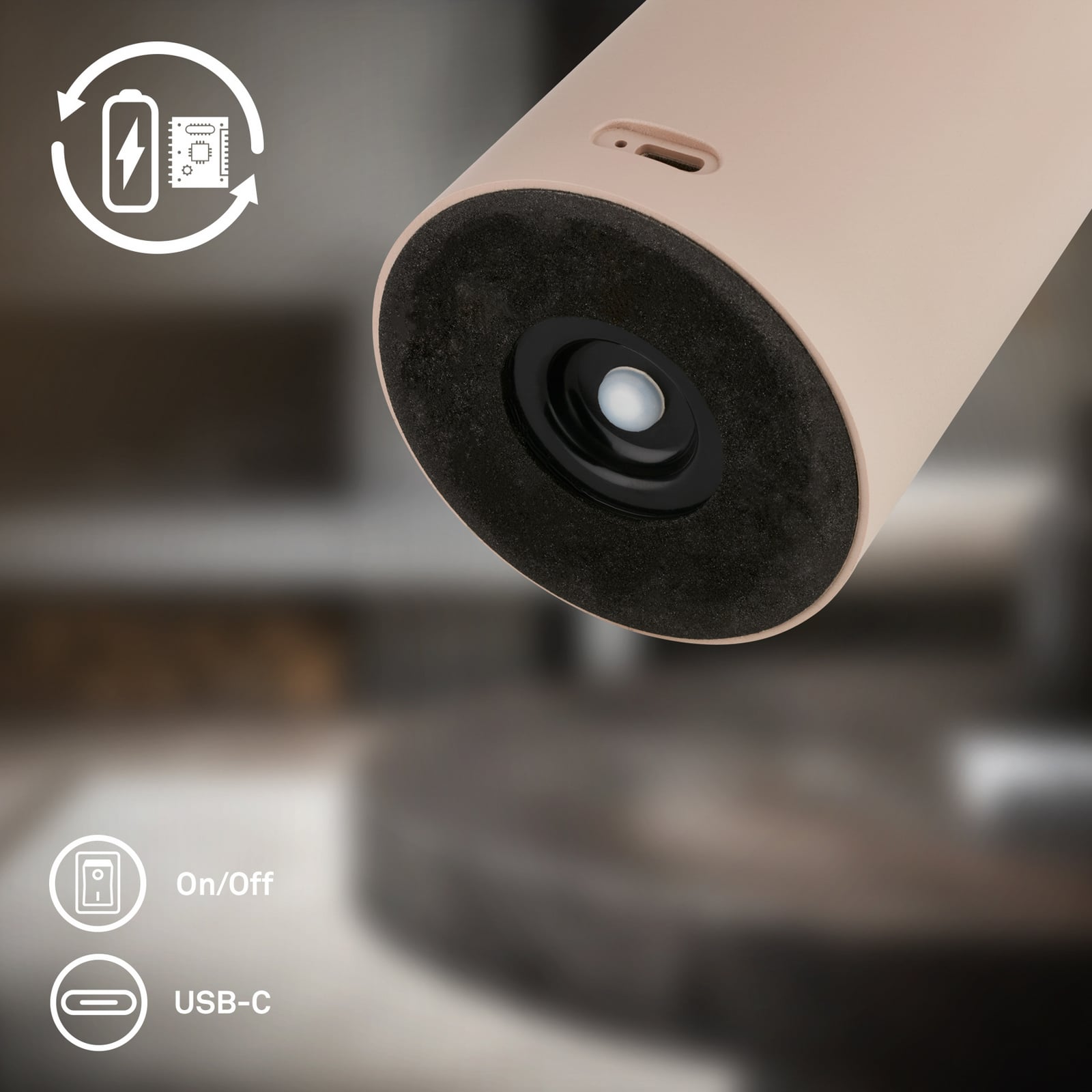 Lámpara de mesa LED recargable Juna, beige, IP44, atenuable, 20 cm