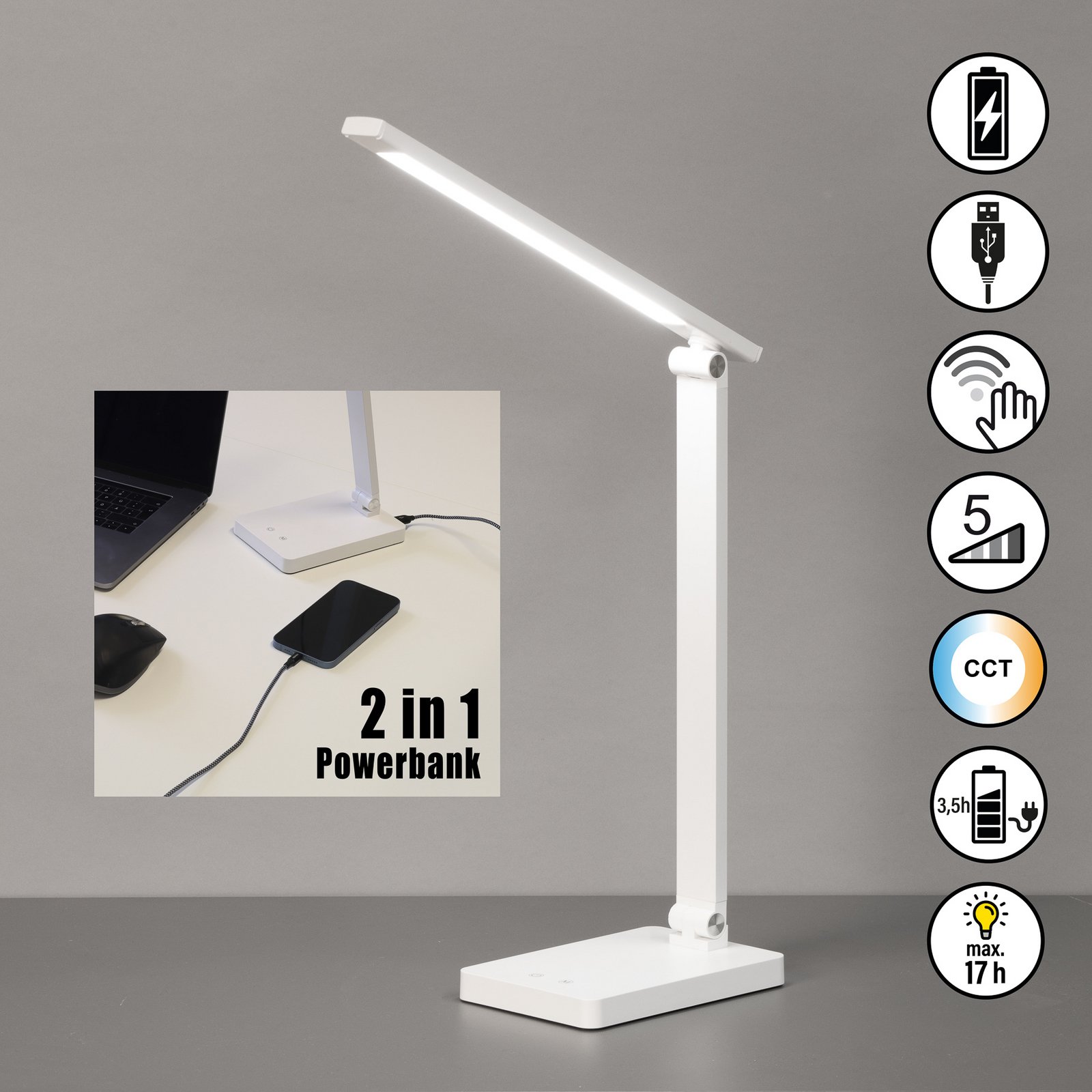 LED oppladbar kontorlampe Ole, hvit, sensor, dimbar, CCT