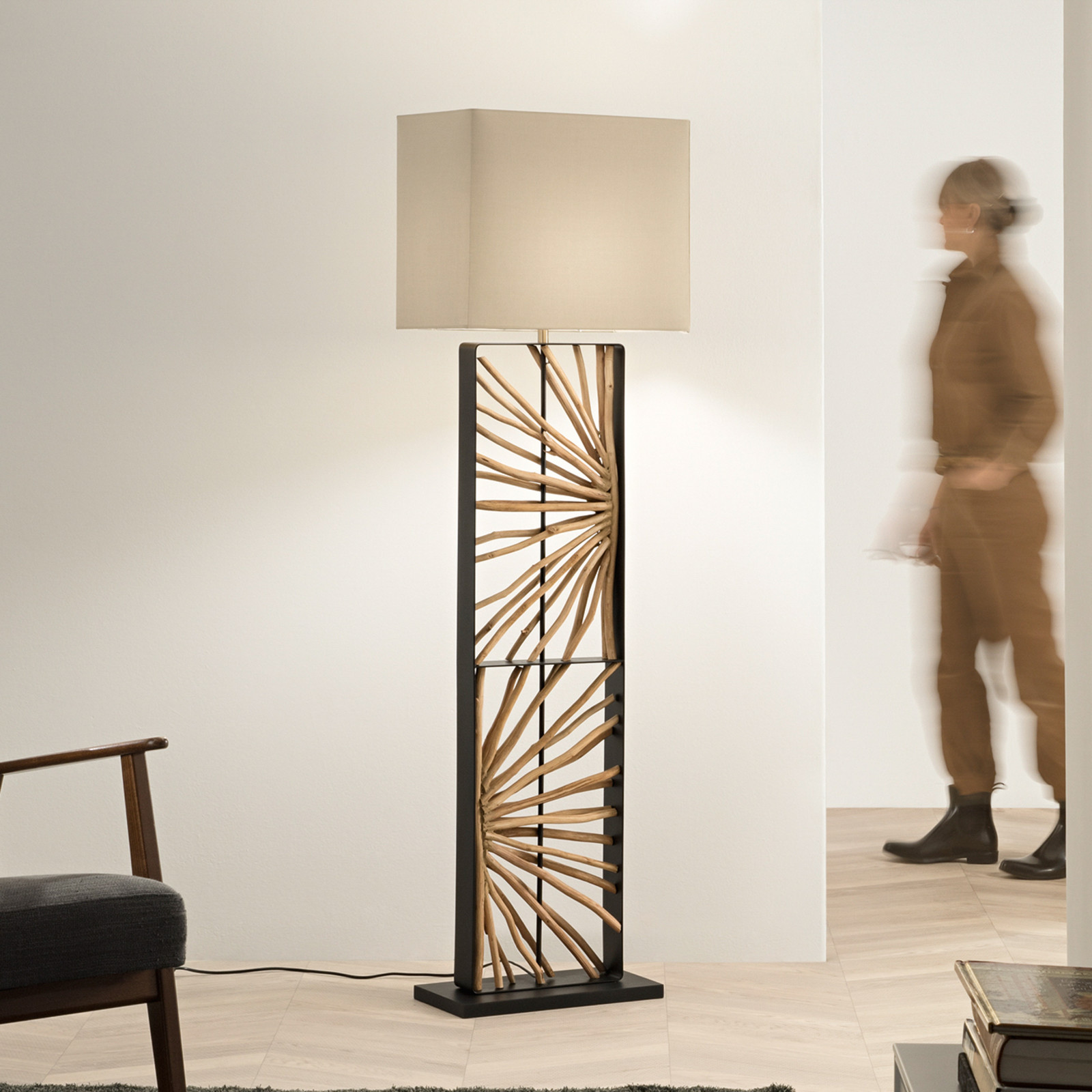 Luce Ambiente Design Lampadar ETHERNAL negru/lemn/alb Înălțime 165 cm Lemn/țesătură - Camera de zi / sufragerie - negru lemn alb