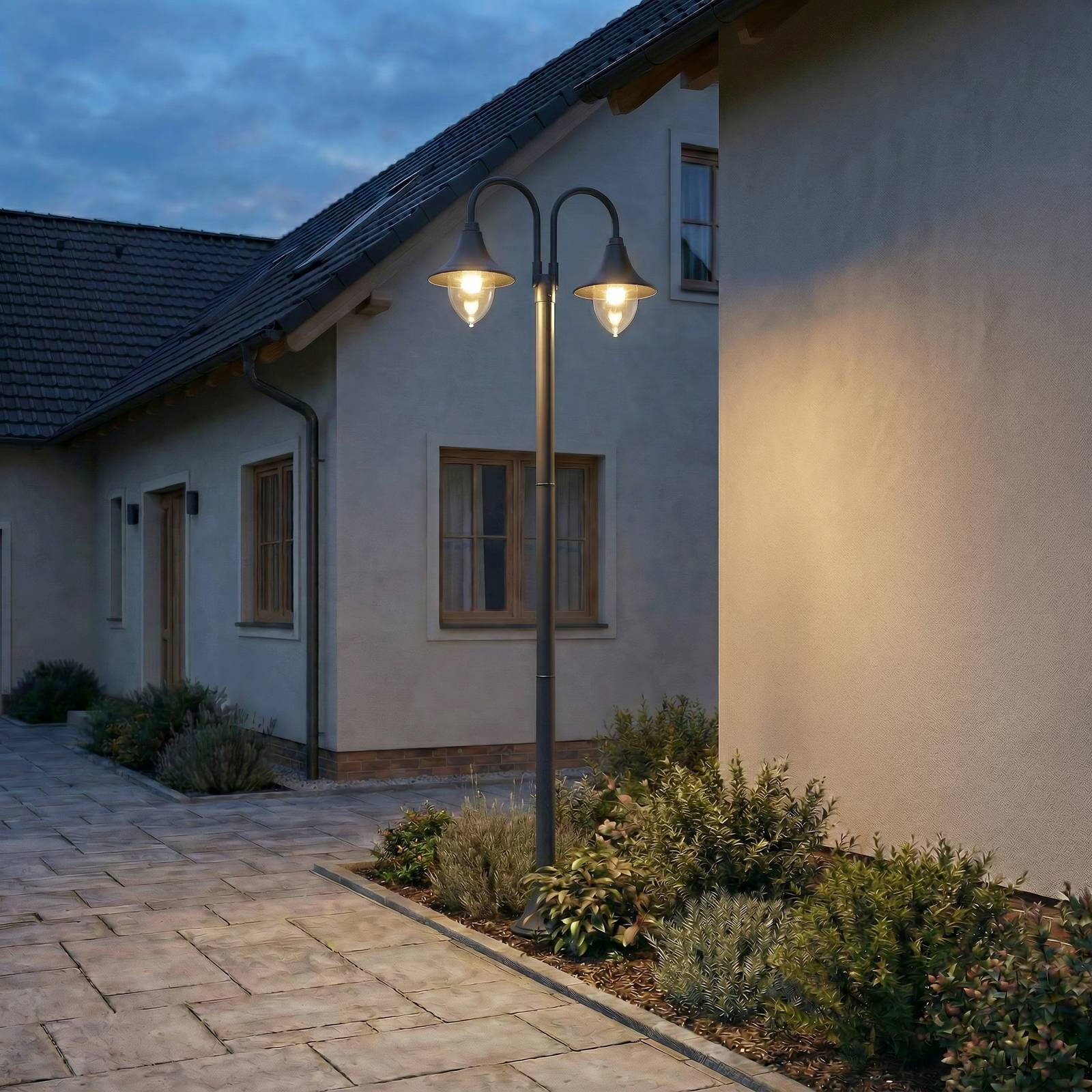 Lindby Madea buitenlamp, grijs, 2-lamps, 212 cm, E27, IP44