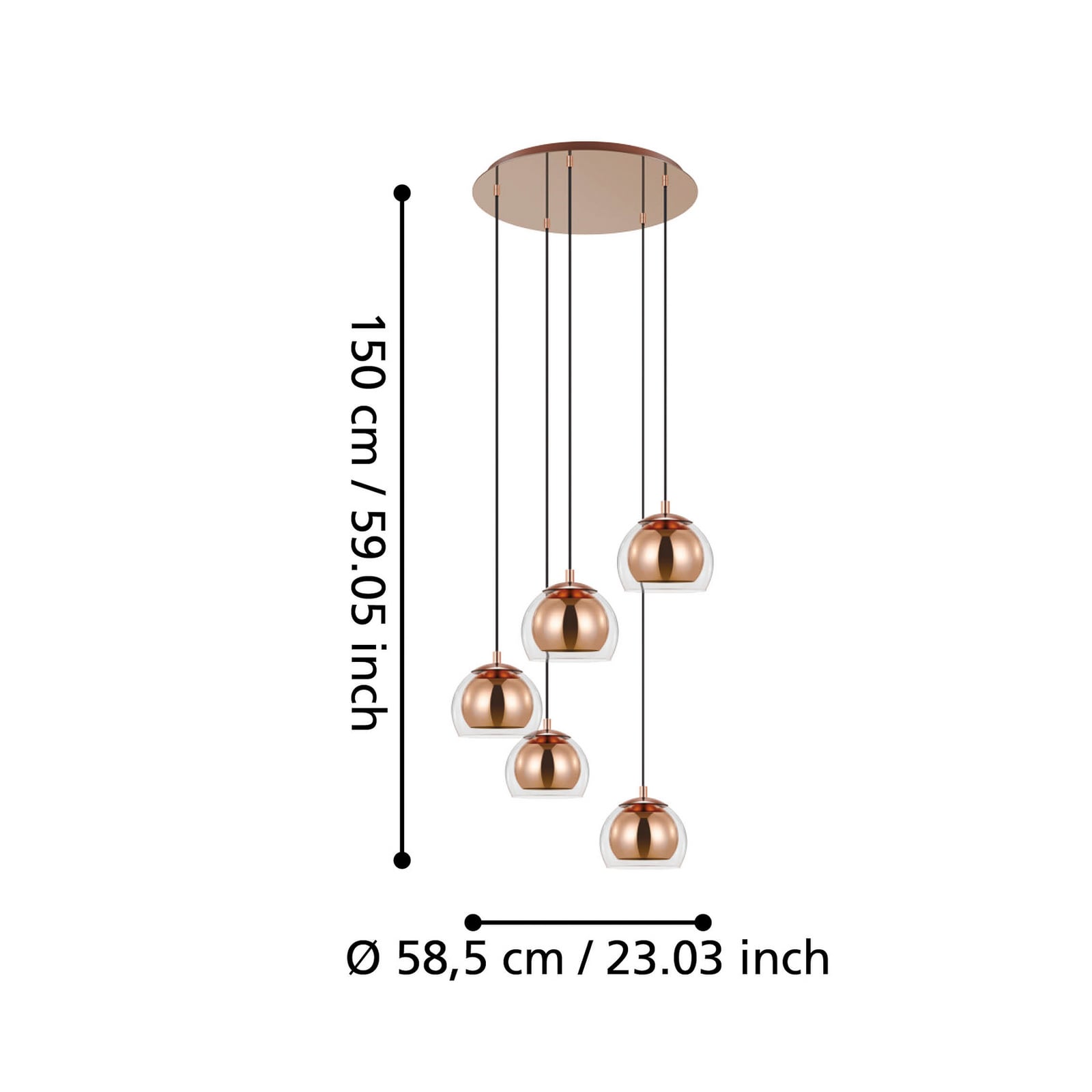 Hængelampe Rocamar 1, kobber, Ø 59 cm, 5 lyskilder, metal/glas