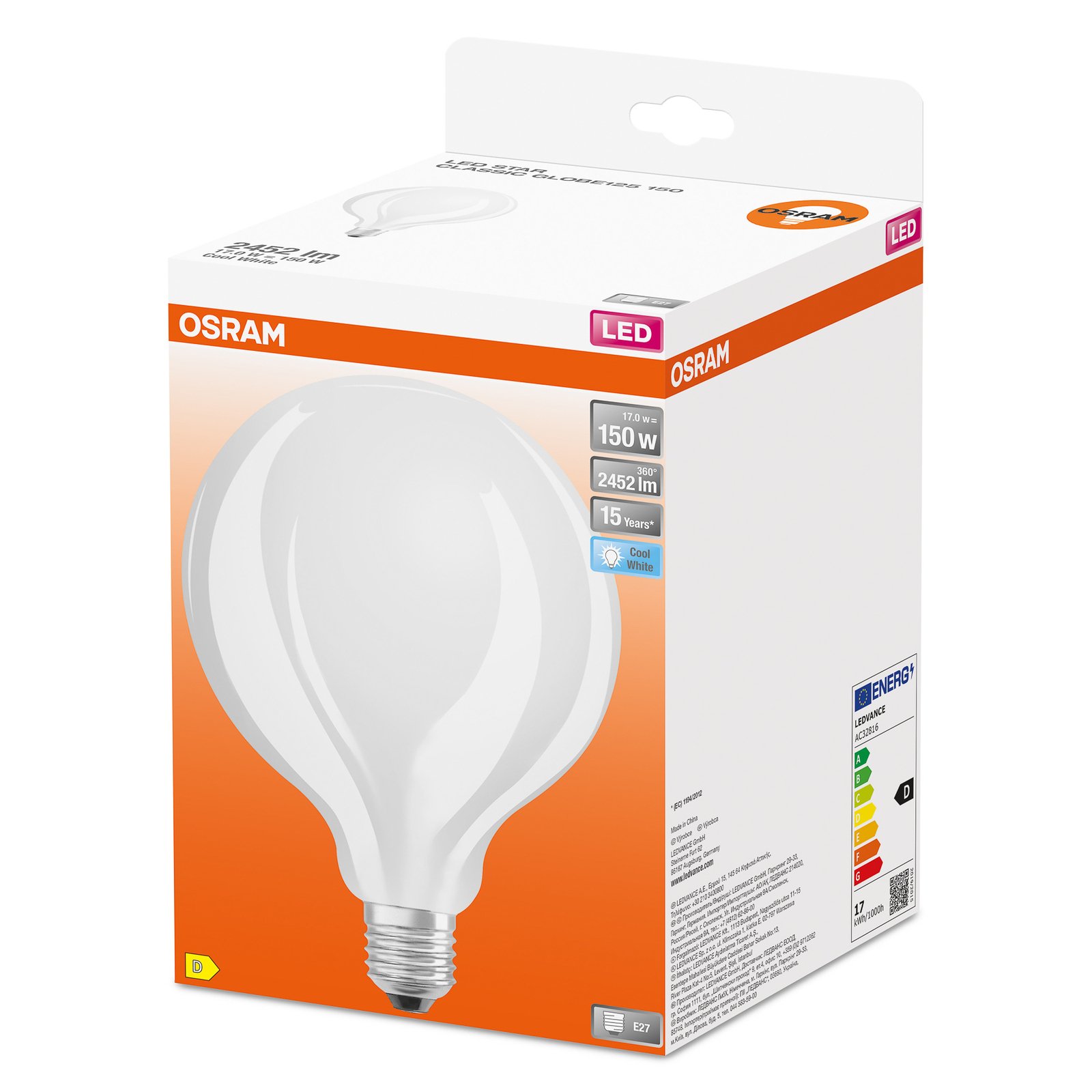 OSRAM ampoule globe LED E27 G125 17W 4000K opal Luminaire.fr