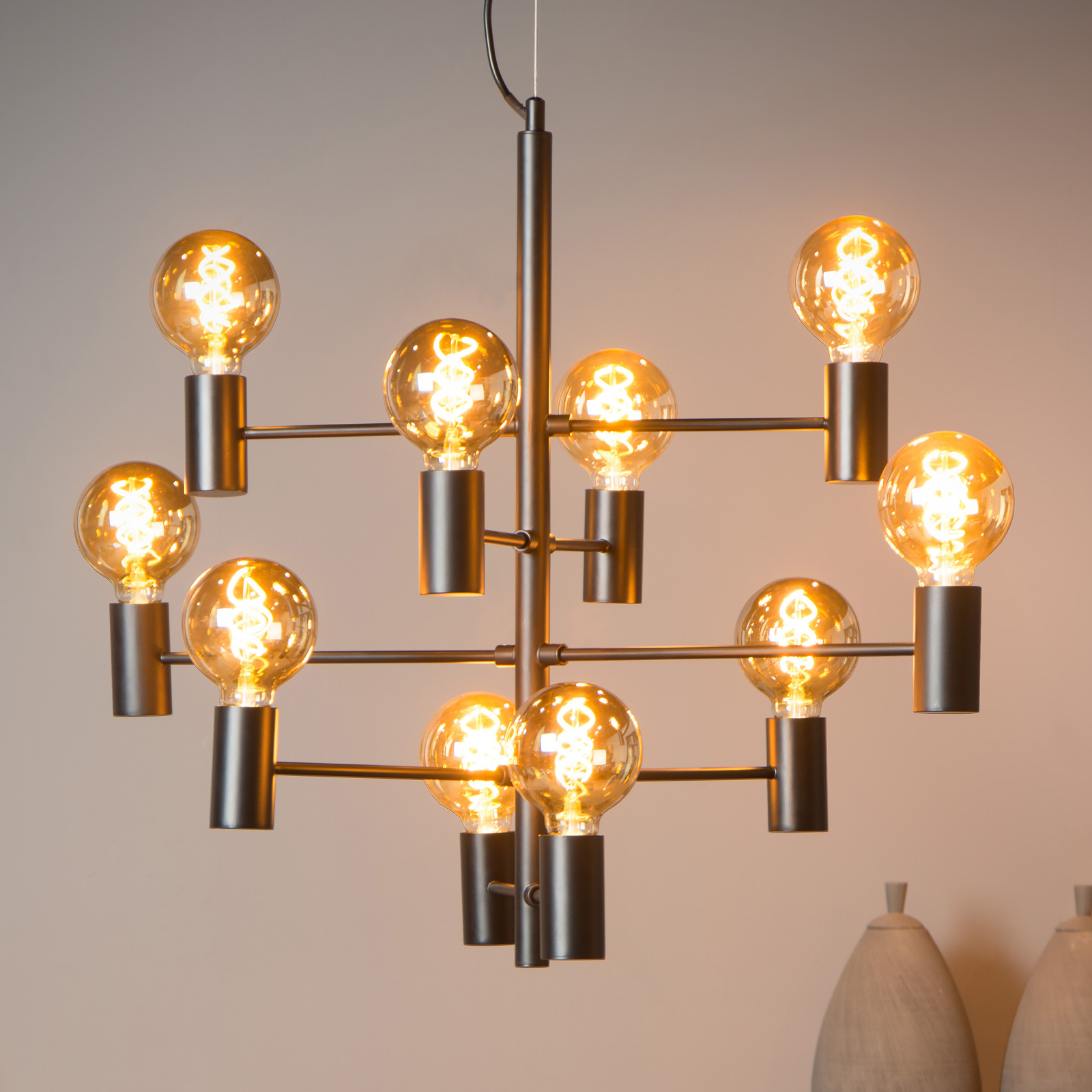 Lucide Leanne hanging light, black, ten-bulb, for Living / Dining Room, metal, E27, 60 W, energy efficiency: A++, L: 75 cm, W: 49 cm, H: 60 cm