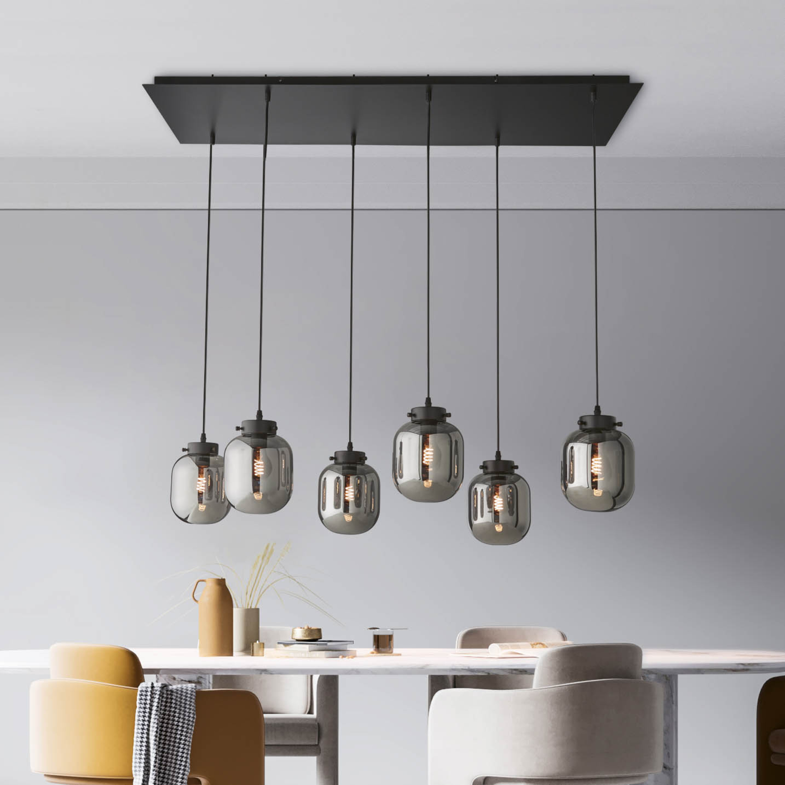Regi pendant light Regi, glass, smoky grey, 6-bulb