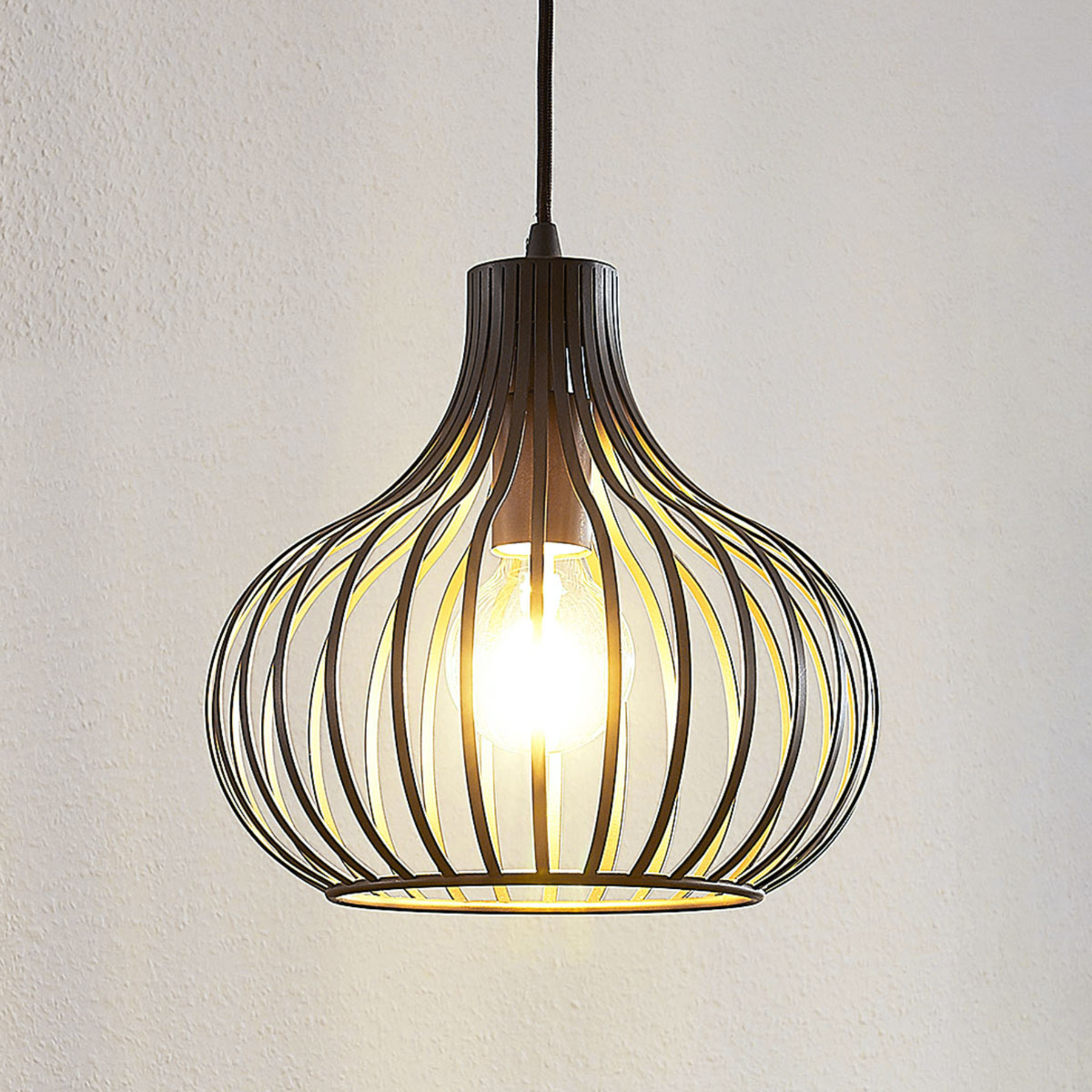 Lindby Cage pendant light Frances, brown, 1-bulb Ø 28 cm, for Kitchen, metal, E27, 60 W, energy efficiency: A++, H: 29 cm