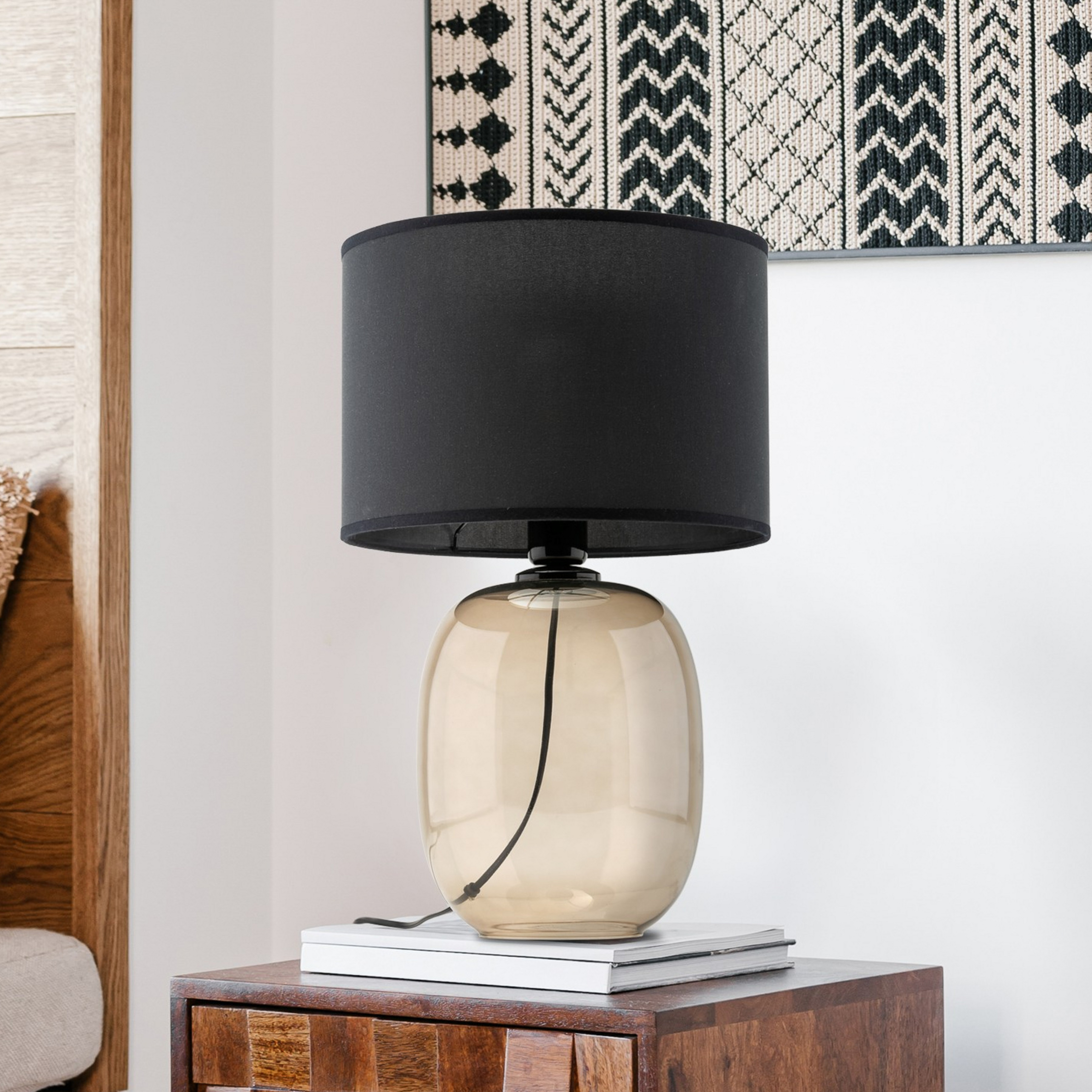 Lampe à poser Melody, hauteur 48 cm, verre brun, textile noir