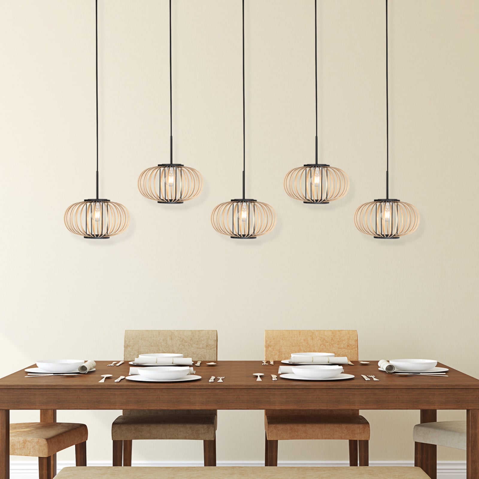 Anne Light Lampă suspendată Silva 5 becuri lungă neagră cu tije din bambus - Camera de zi / sufragerie - negru lemn deschis la culoare - Metal