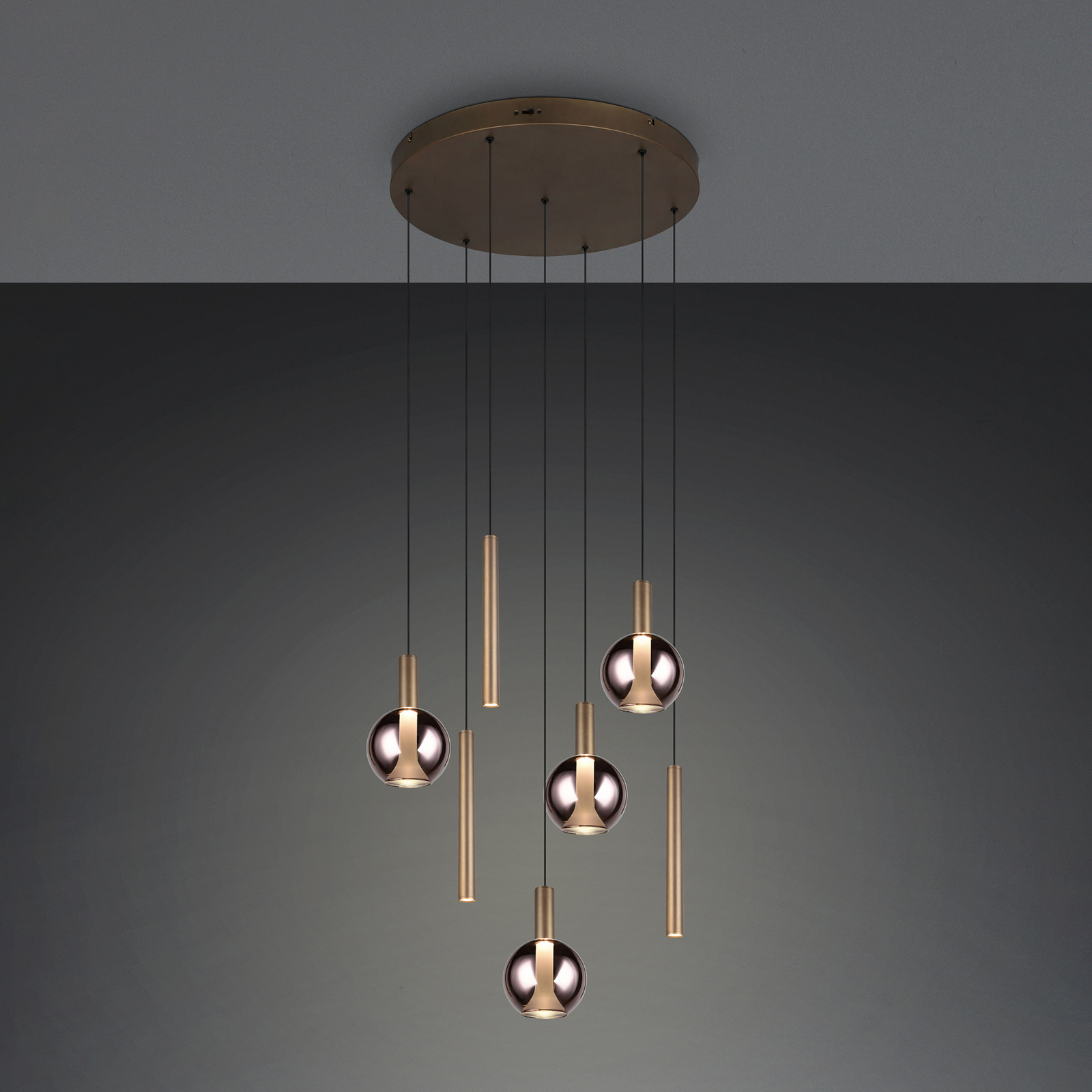 LED висяща лампа „Меларо“, Ø 59 см, платинен цвят, метал/стъкло, CCT, 7-лампова LED висяща лампа „Меларо“, Ø 59 см, платинен цвят, метал/стъкло, CCT, 7-лампова