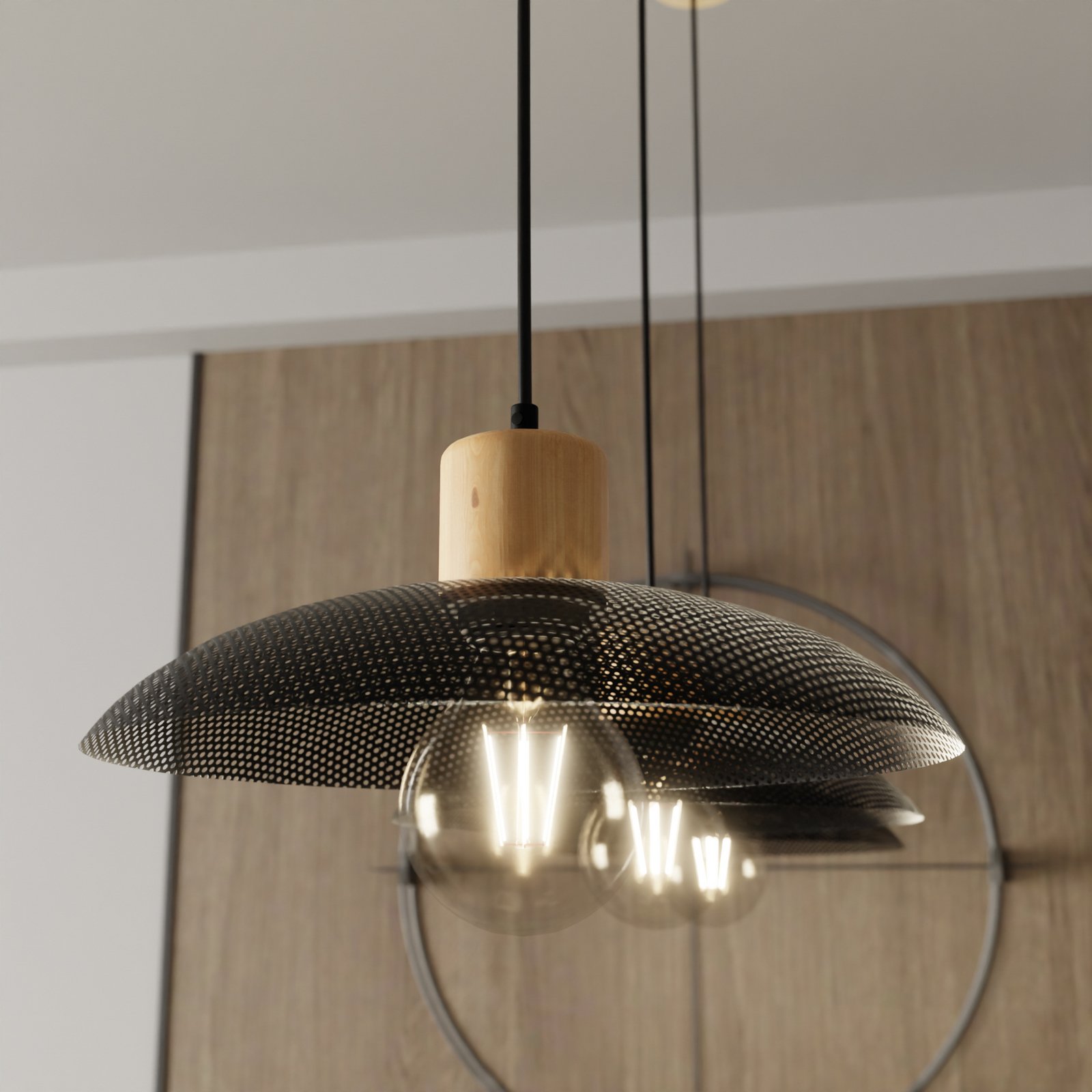Hängeleuchte Kobe, dreiflammig, Stahl, Holz, schwarz