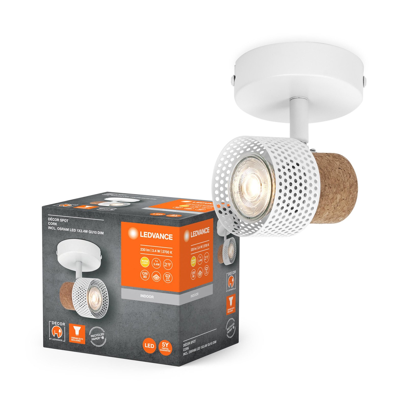 LEDVANCE LED fali spotlámpa Cork, GU10, fényerőszabályozható, fehér
