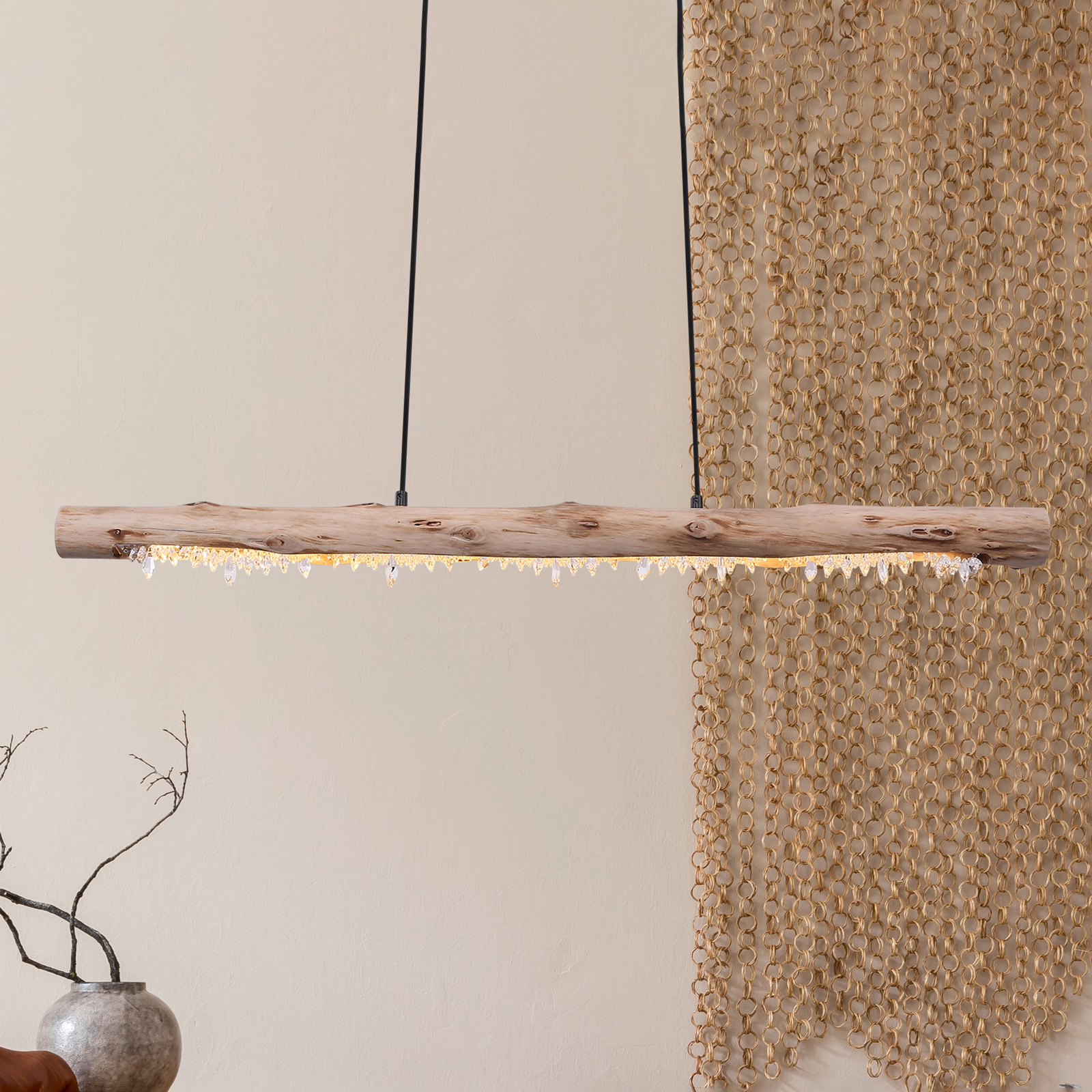 Suspension LED Felicitas en bois, longueur 100 cm
