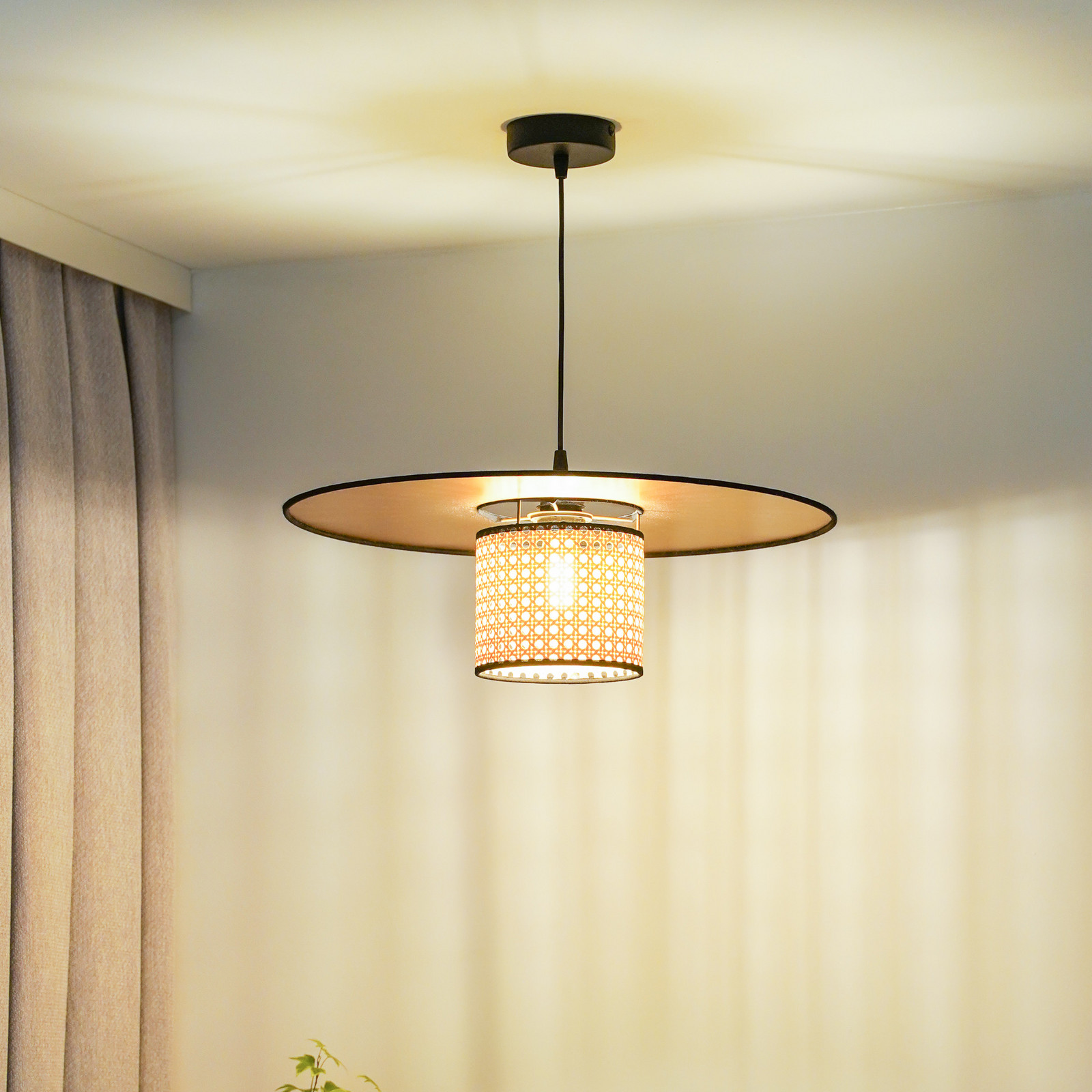 Euluna lampă suspendată Manila auriu ratan Ø 50 cm - Camera de zi / sufragerie - auriu lemn deschis negru - Țesătură / Textil