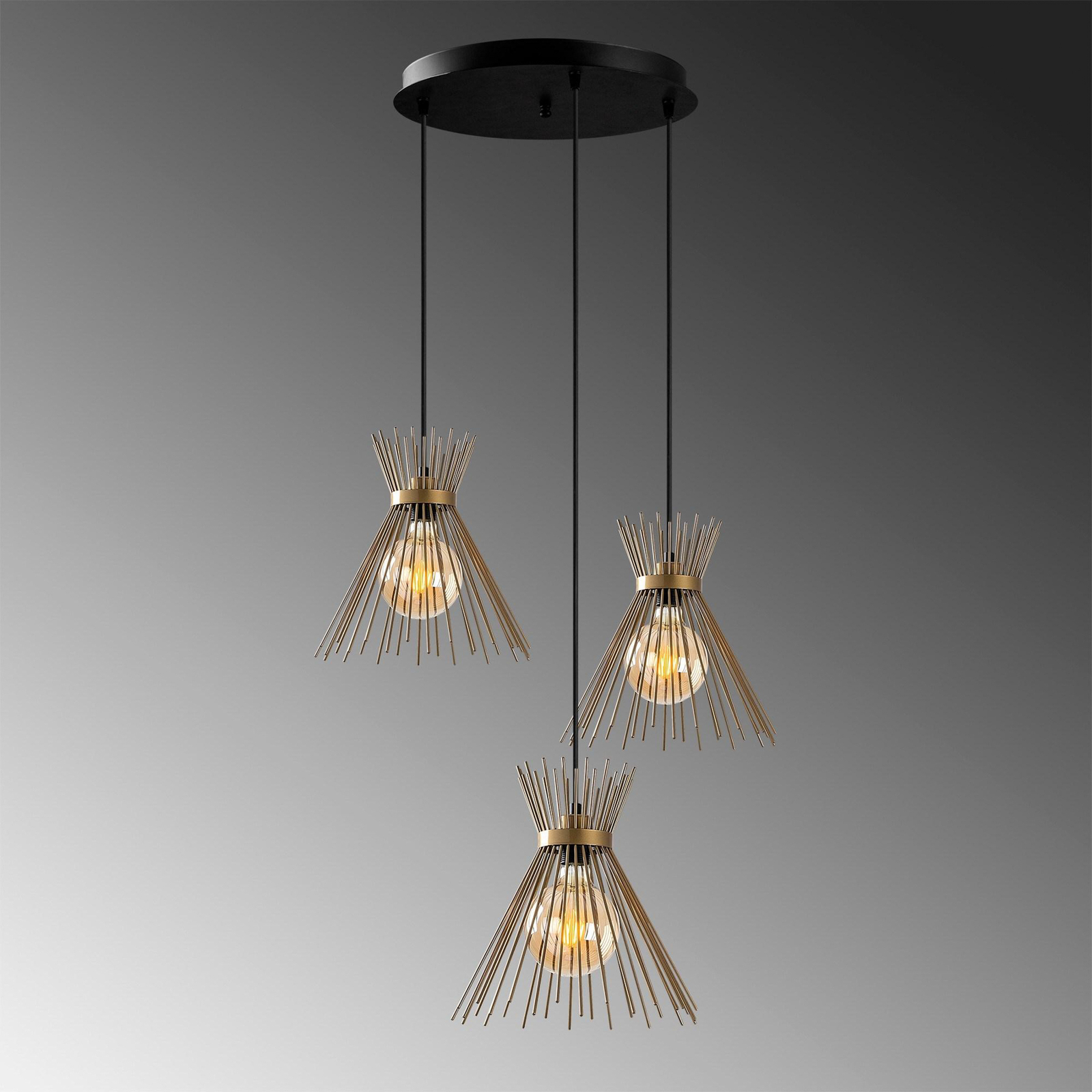 Suspension Kirpi 3086, doré, métal, 3 lampes rondes