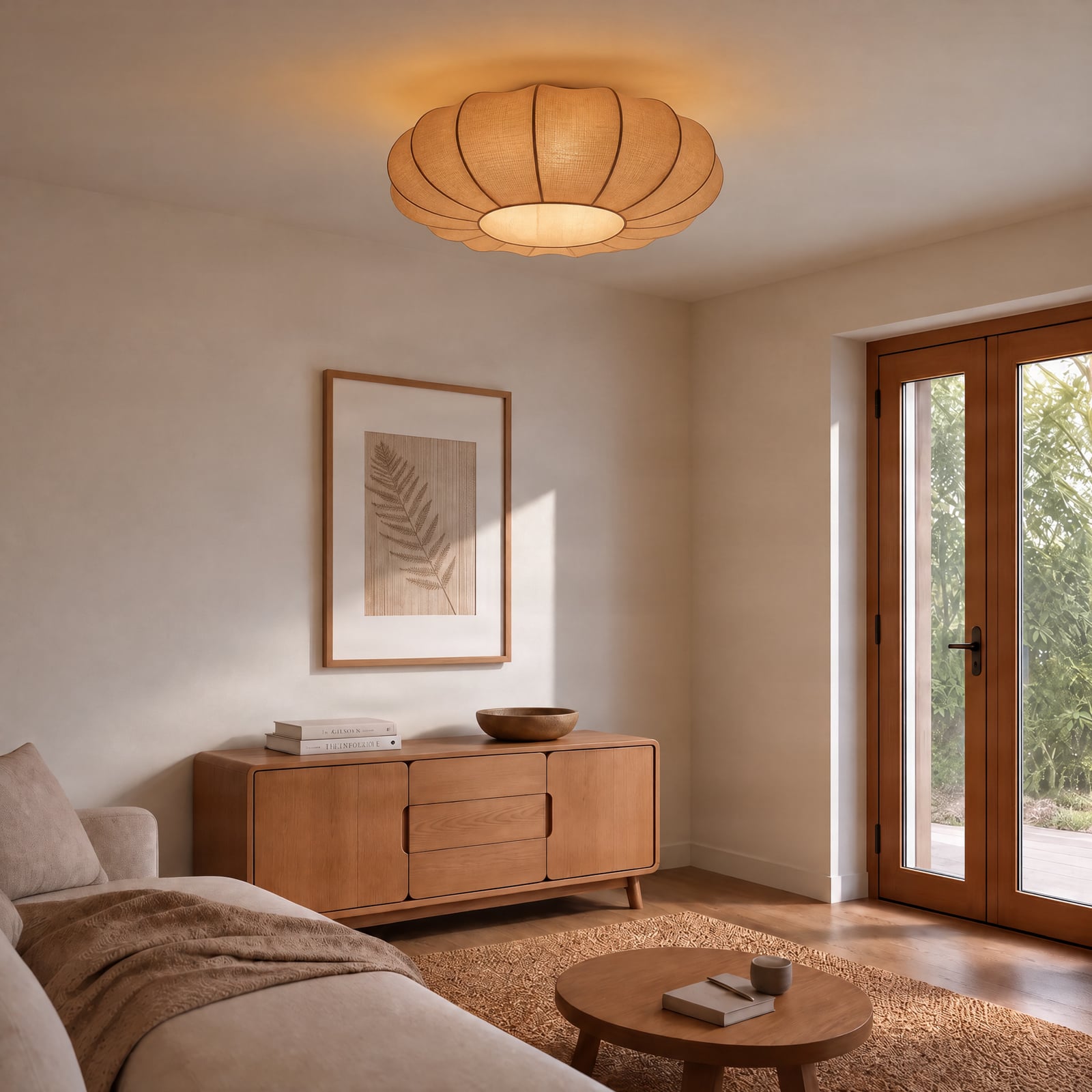 Lindby Deckenleuchte Helin, braun, Ø 60 cm, Textil, 3 x E27
