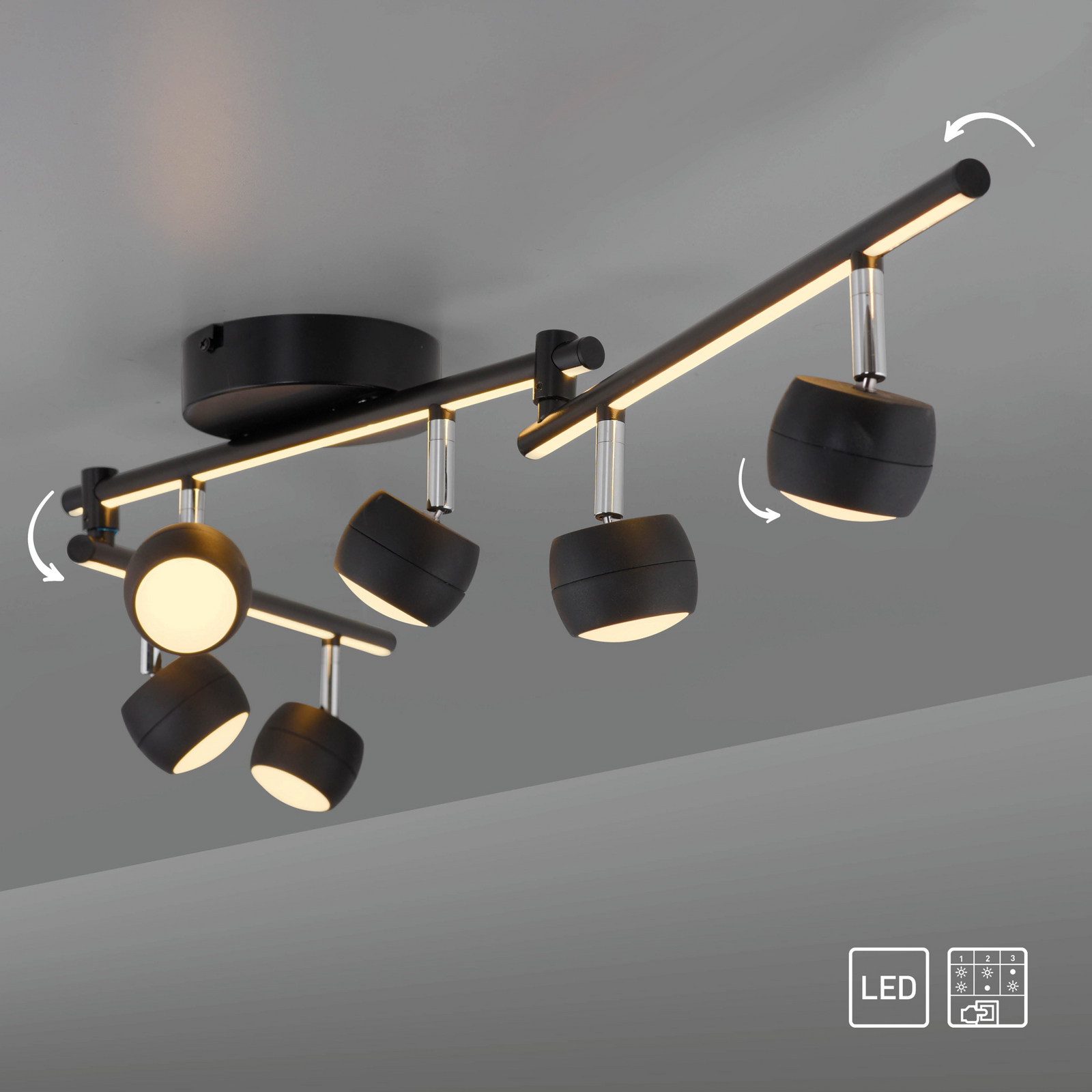 JUST LIGHT. LED-kattospotti Jarik, 6-lamppuinen, musta, 3 000 K