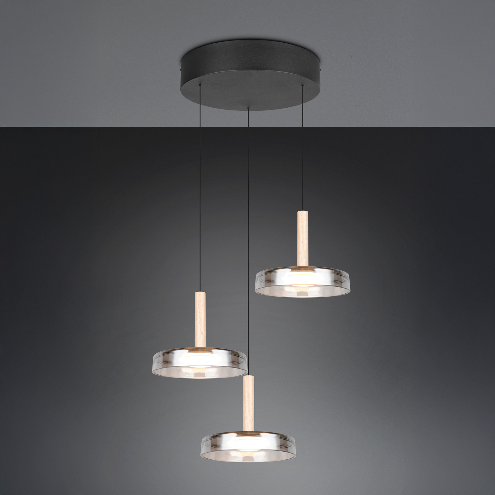 Lámpara colgante LED Celeste, cromo/madera, Ø 35 cm 3 luces de cristal