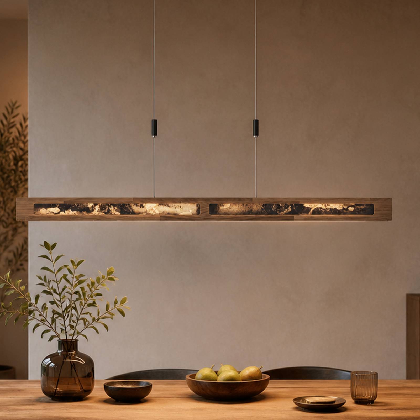 Żyrandol LED Chile XS, dąb/kolorowy łupek, długość 89 cm
