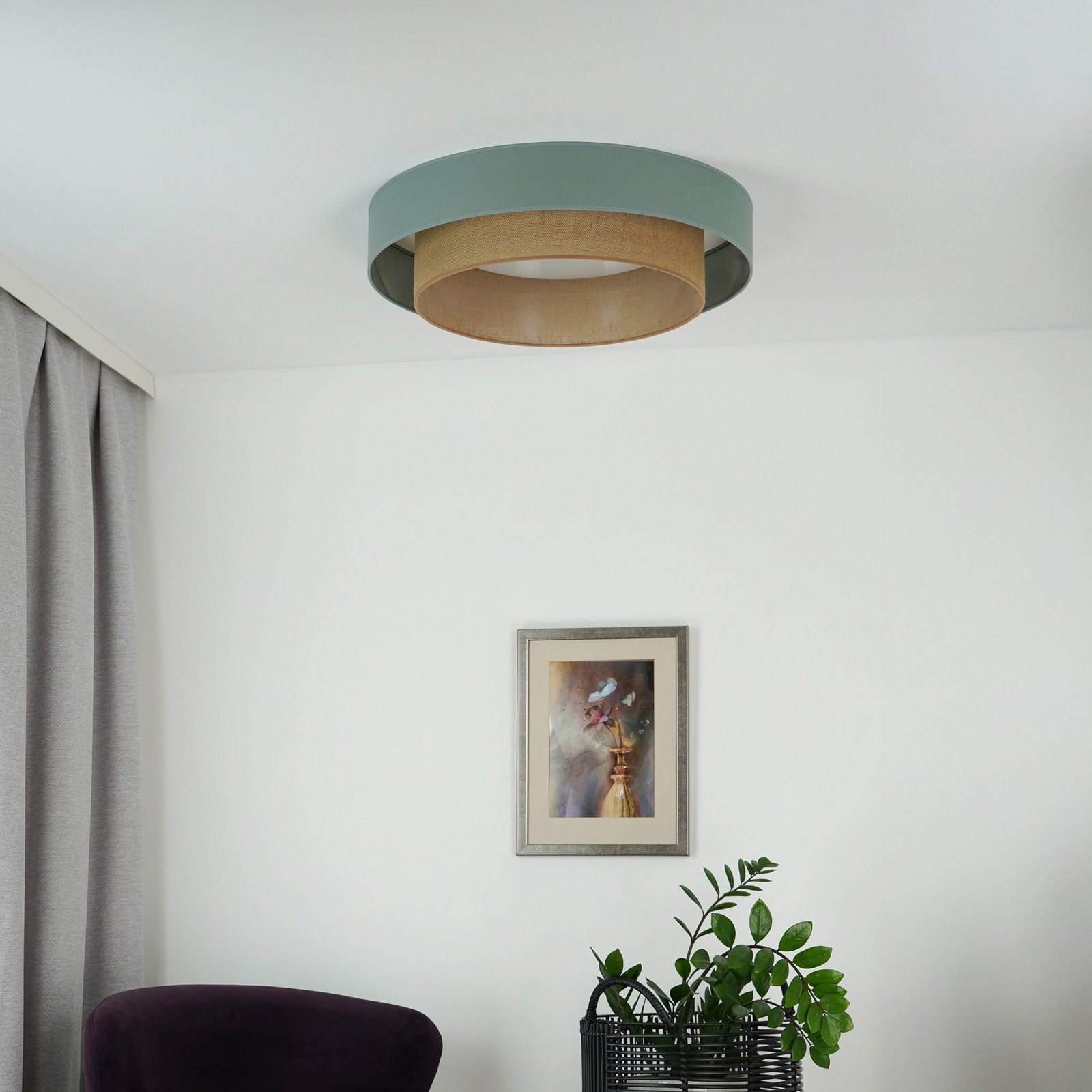 LED ceiling light Luneta, sage/jute, Ø 60 cm, 3-step dimmable