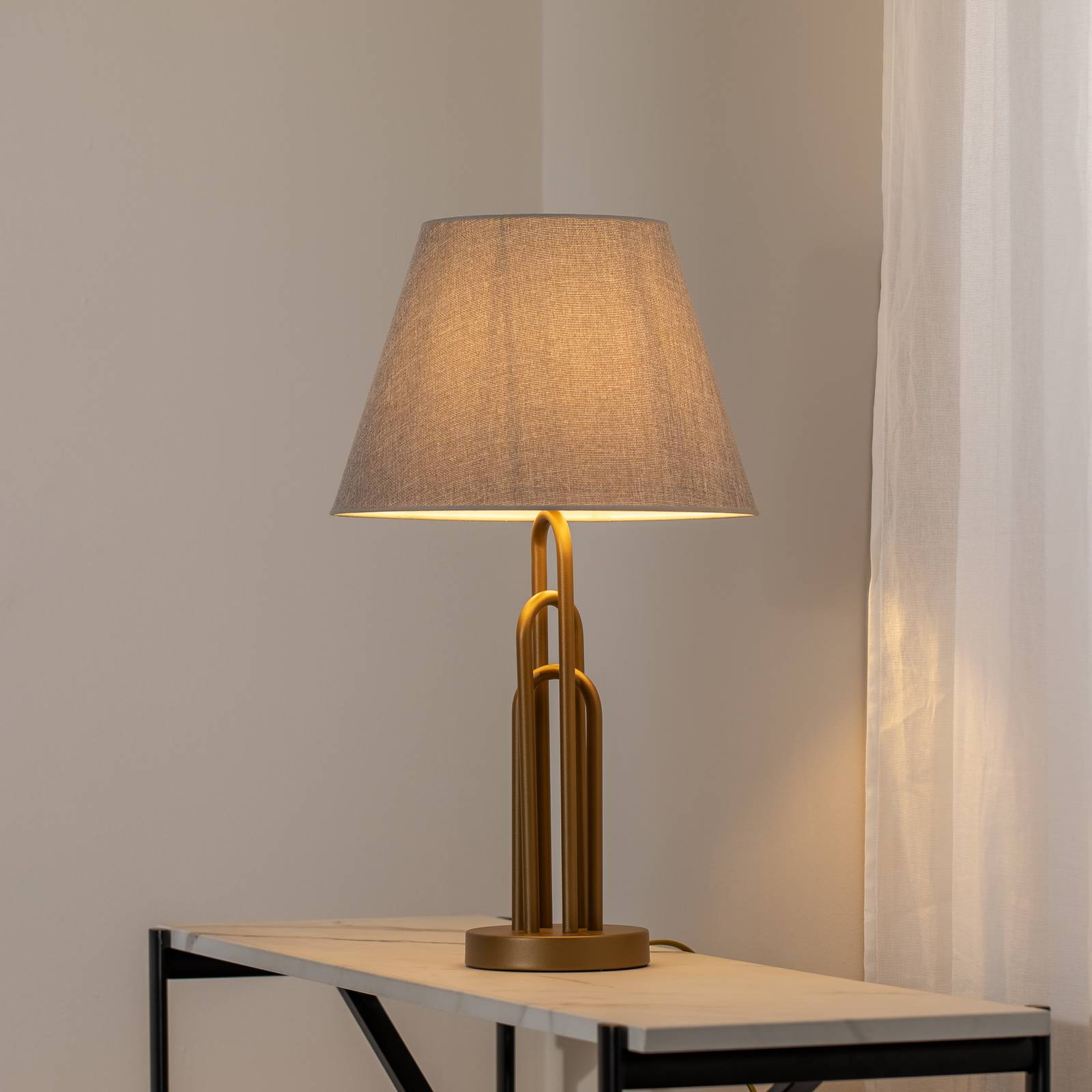 Lampa stołowa Lazar, szaro-złota antyczna, wysokość 65 cm, tekstylia/metal