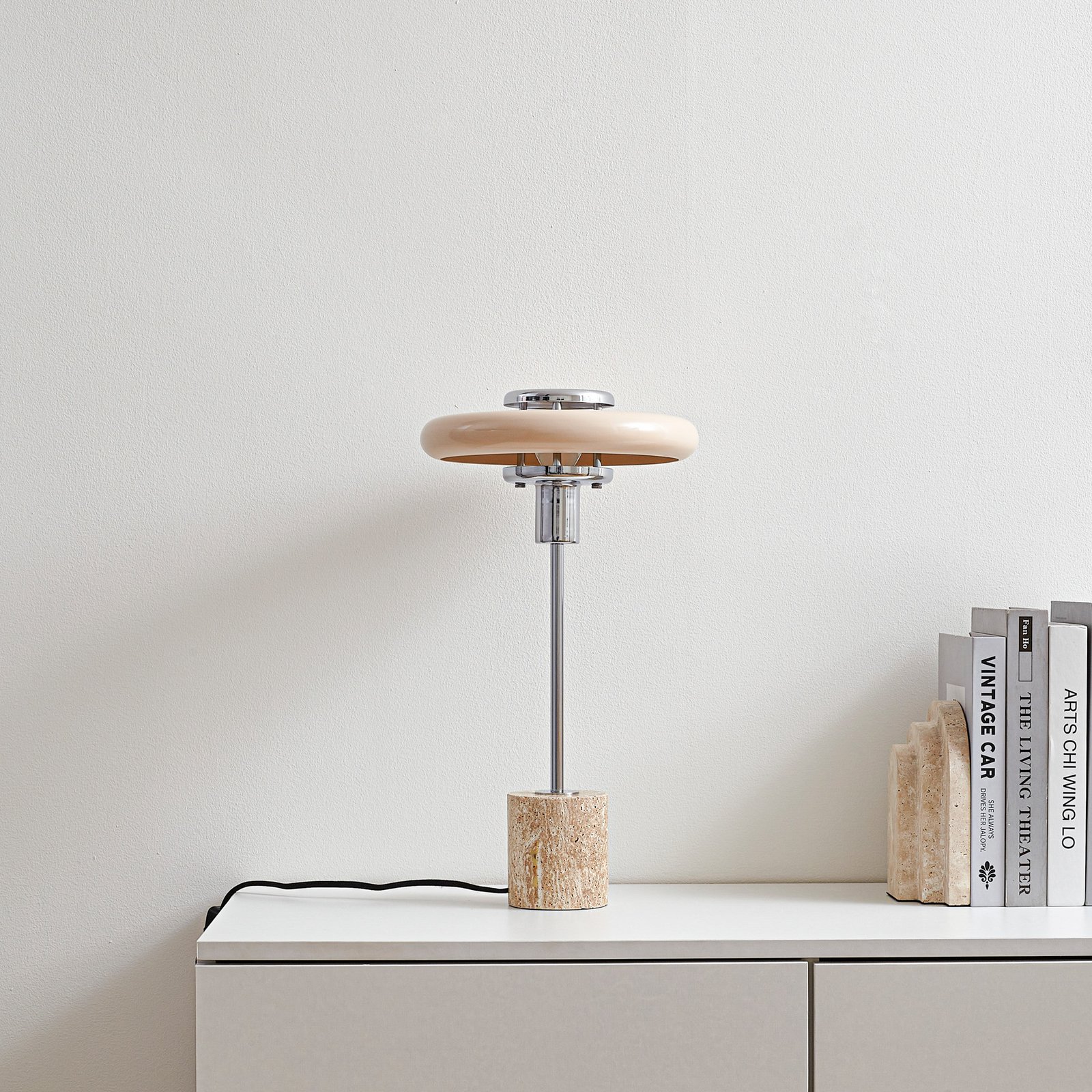 Lindby stalo lempa Branford, 46 cm, smėlio spalvos, metalas/travertinas