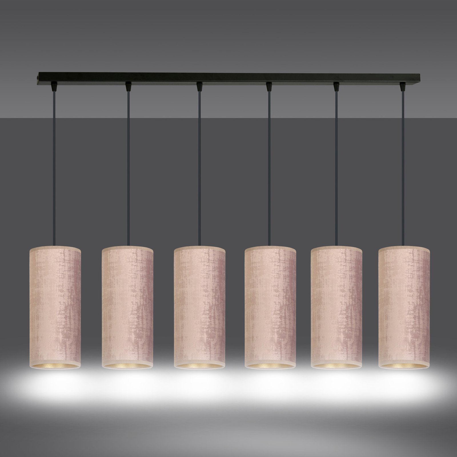 Hanglamp Joni, textiel, 6-lamps lang, rosé-goud