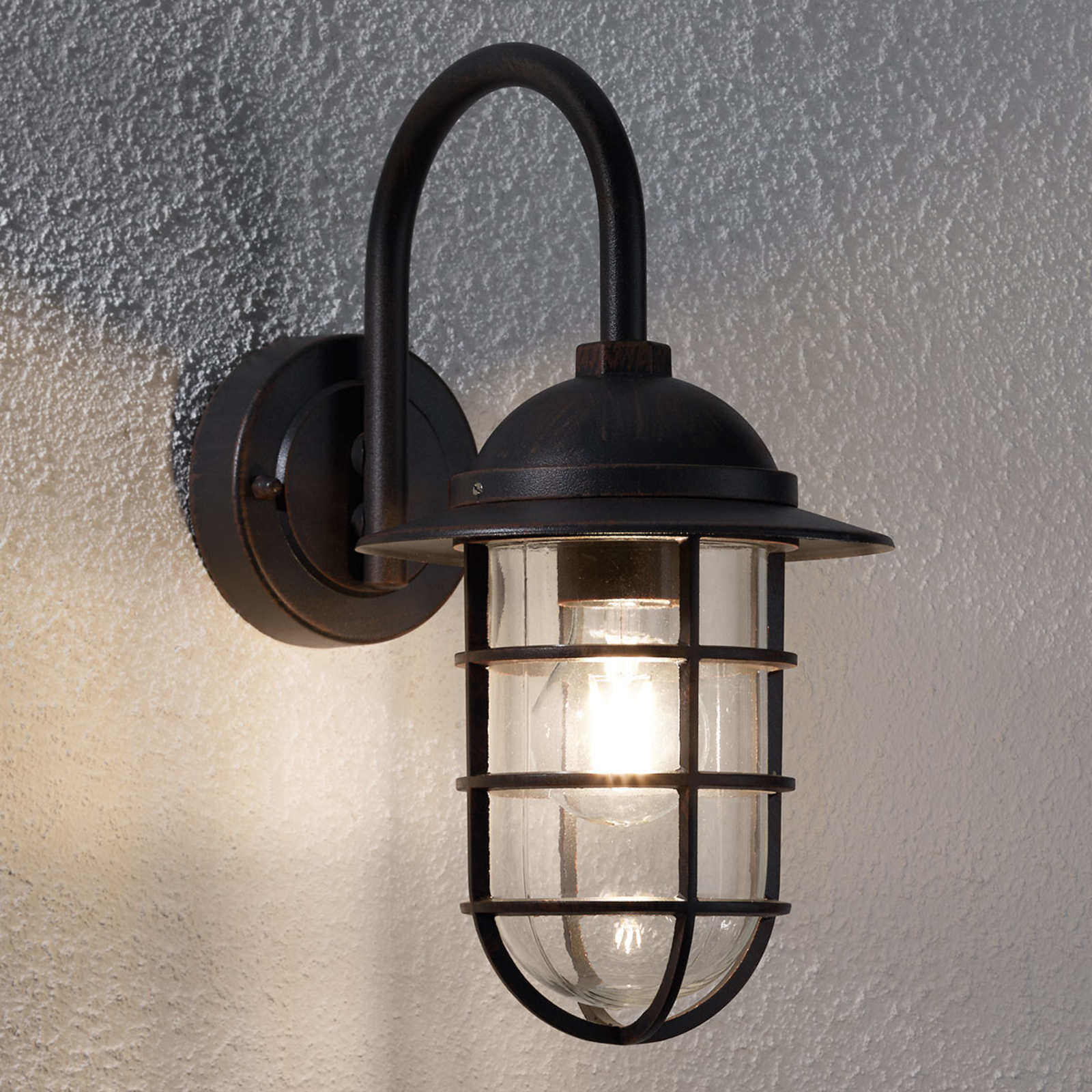 Lindby Outdoor wall lamp Gero with a curved mount, die-cast aluminium, glass, E27, 60 W, energy efficiency: A++, W: 18 cm, H: 34 cm