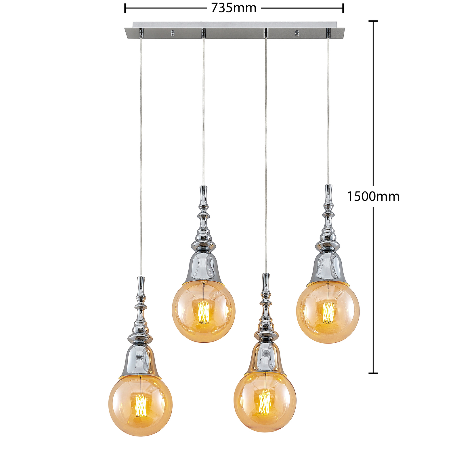 Lucande Gesja hanglamp, 4-lamps, lang, chroom