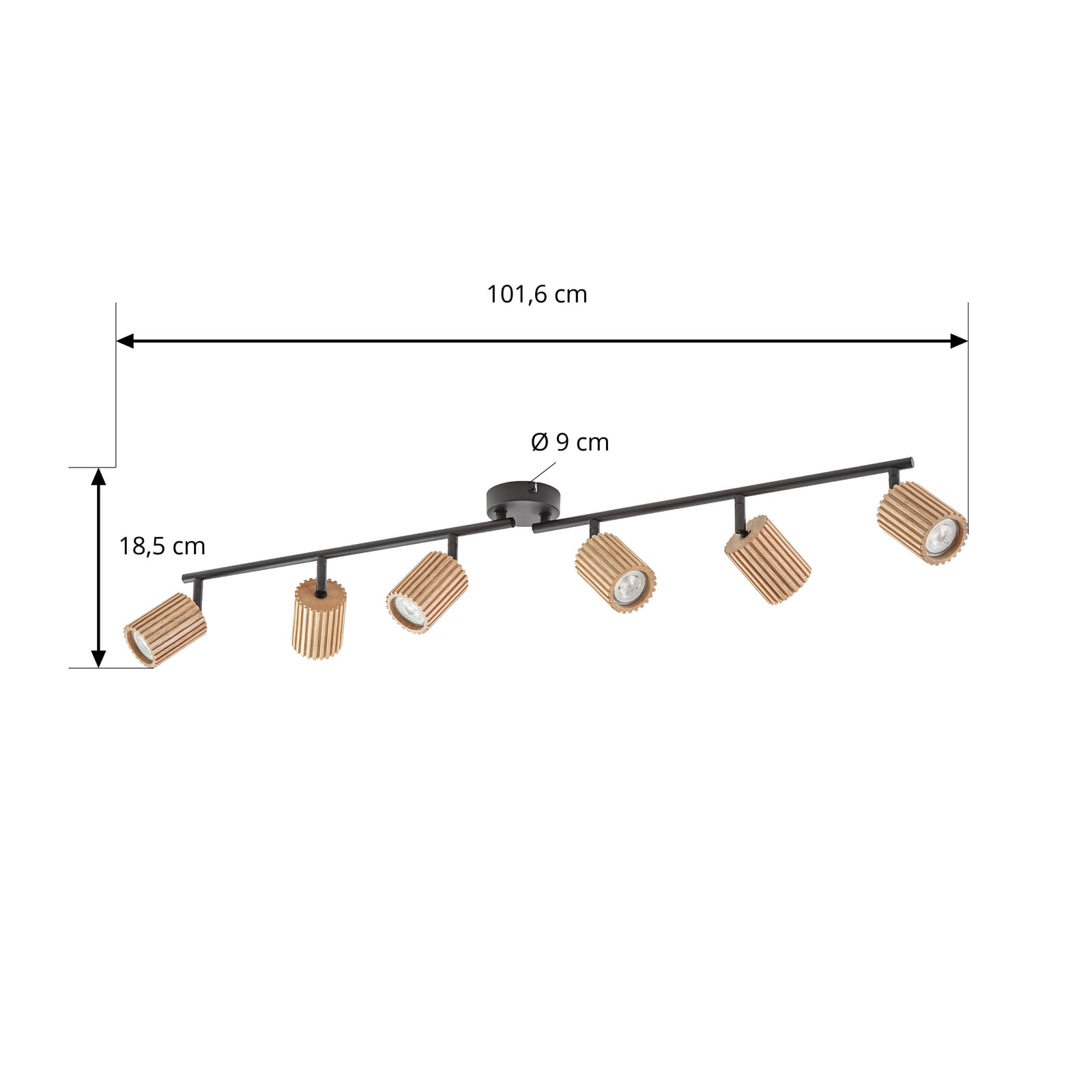 Luminária de teto Stralino, 6 lâmpadas, comprimento 102 cm, madeira - Lindby
