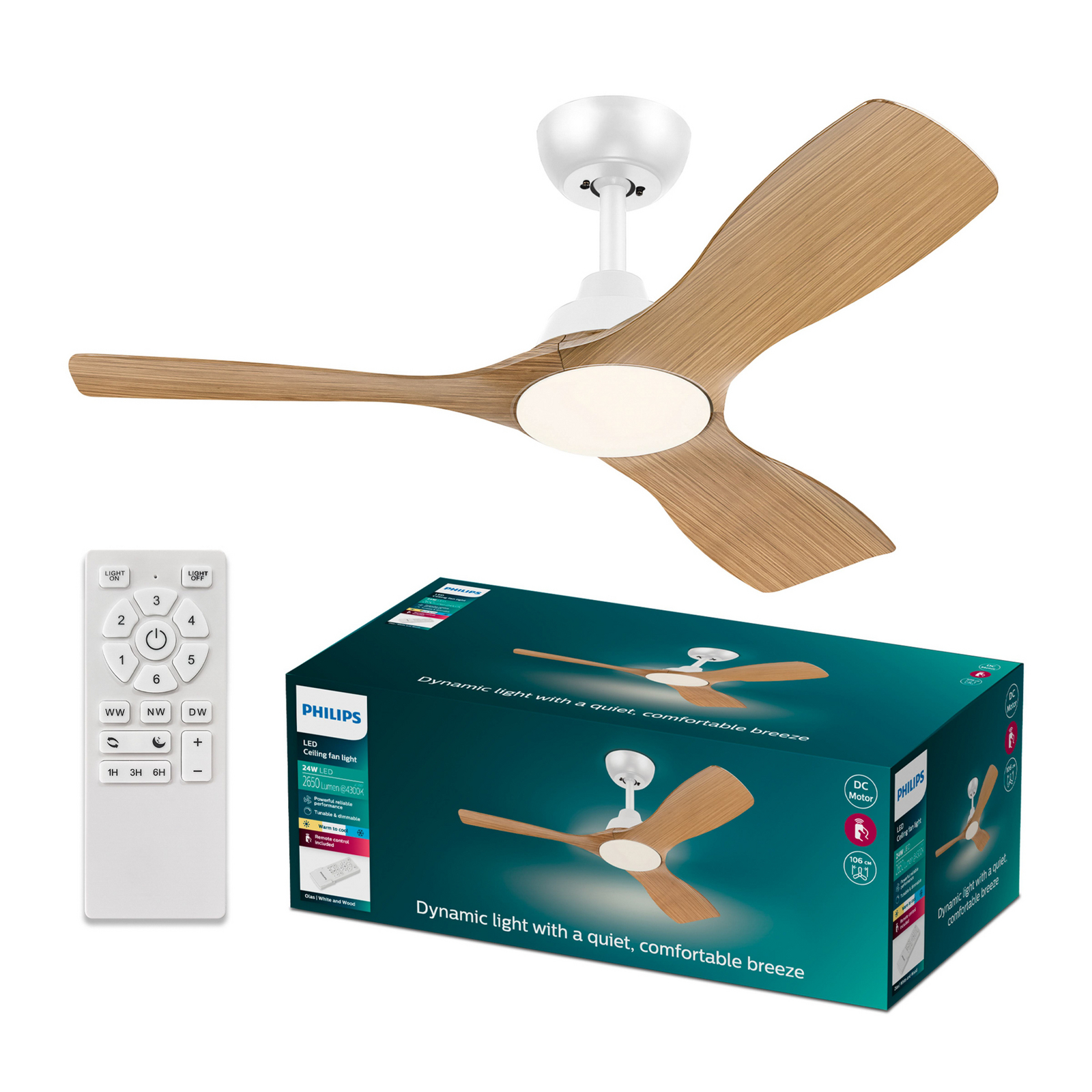 Philips LED-vifte Olas, Ø 106 cm, brun/hvit, stillegående