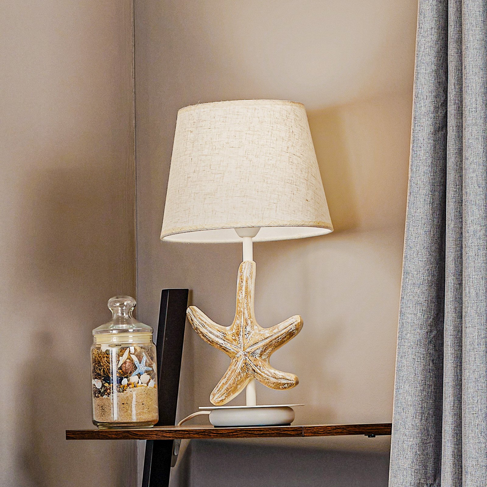 ONLI Lampa de masă Stellina abajur din țesătură decor stea de mare - Camera de zi / sufragerie - Maritimă - alb crem - Țesătură / Textil