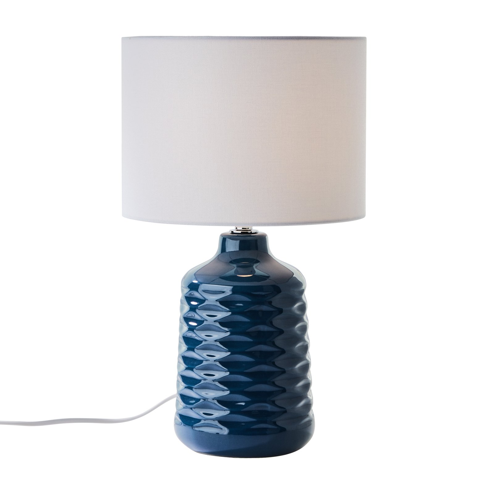 Tischlampe Ilysa Stoffschirm weiß, Keramikfuß blau