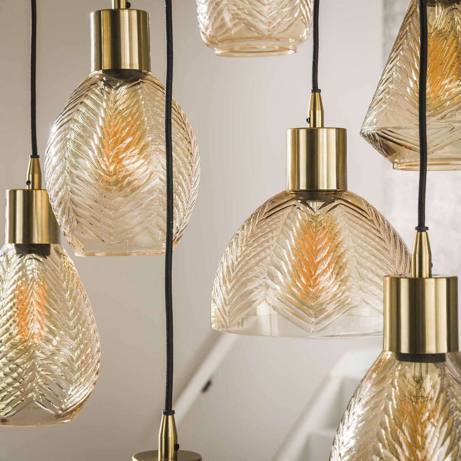 Lampa wisząca Leaf, bursztyn, Ø 60 cm, szkło, 9-punktowa