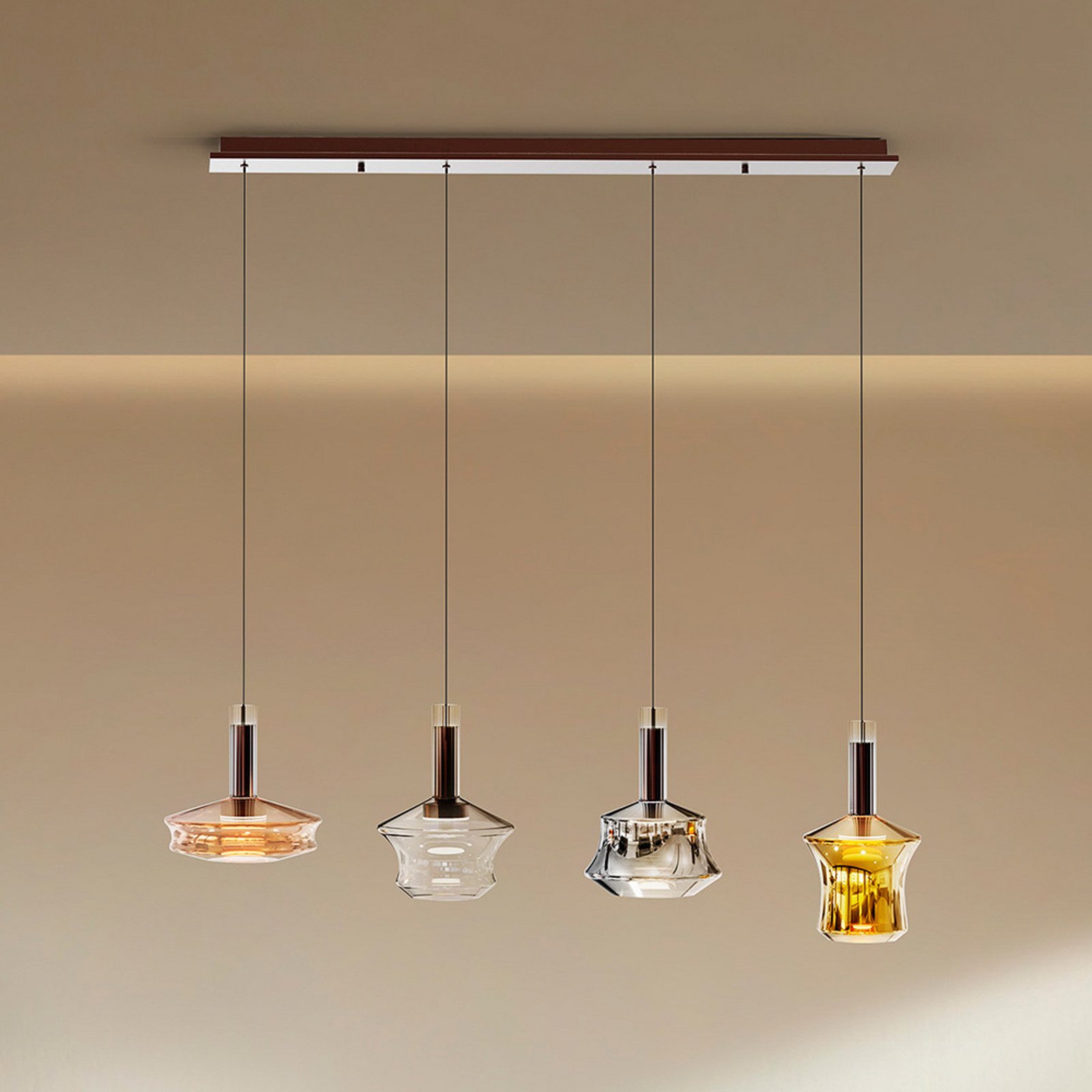 Schuller Valencia Lampă suspendată LED Scarlett colorată lungime 108 cm sticlă 4 becuri. - Camera de zi / sufragerie - chihlimbar cupru transparent argintiu bronz