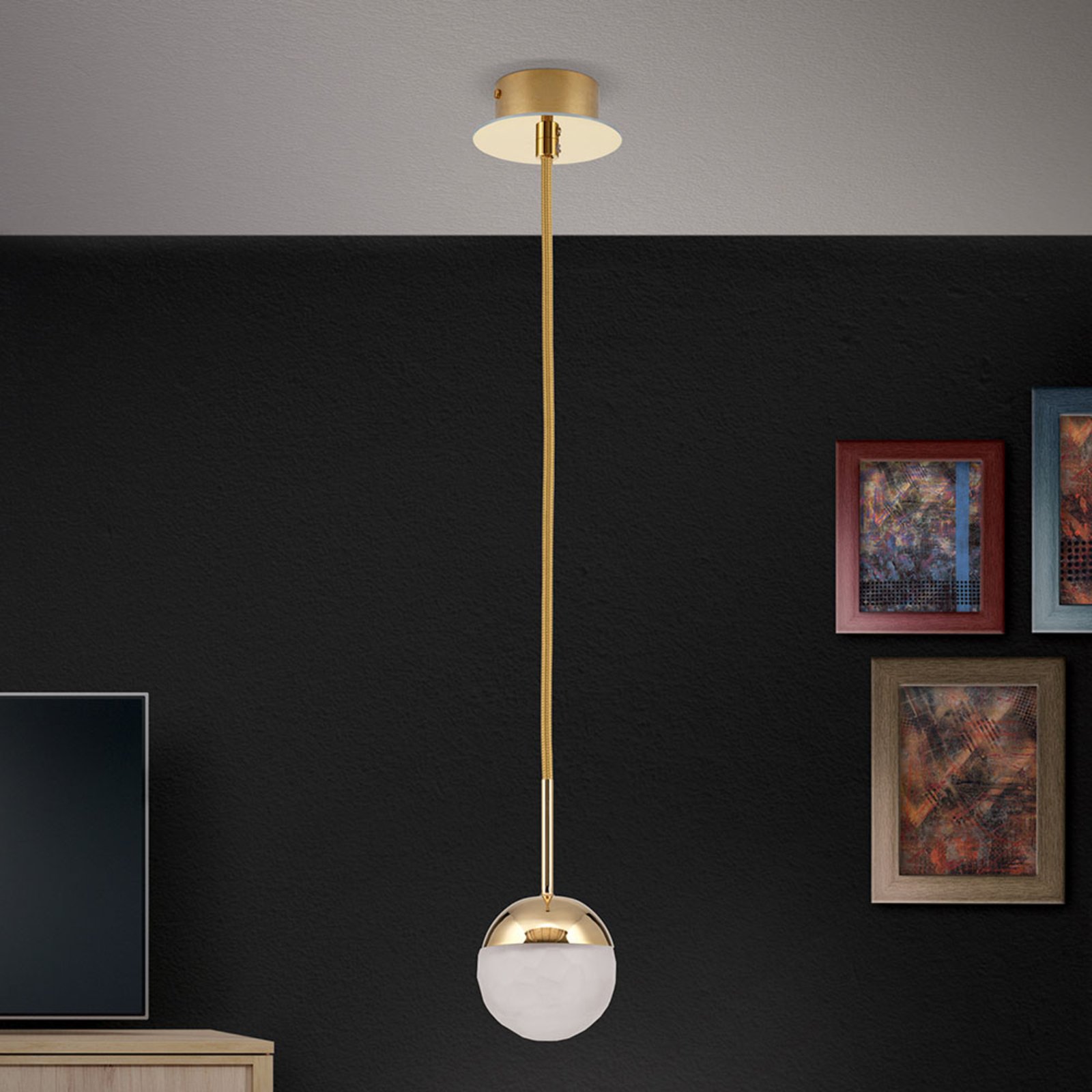 Ball LED hanging light, one-bulb, gold