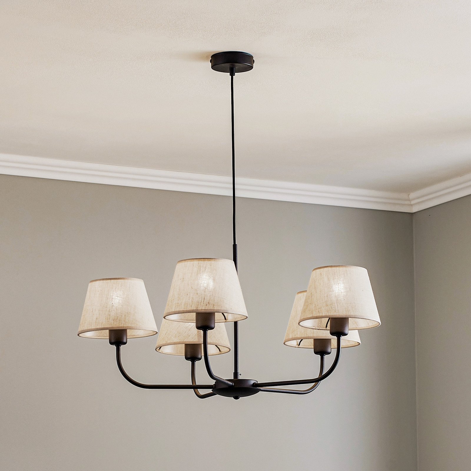 TK Lighting Candelabru Chicago abajururi din in cu 5 becuri - Camera de zi / sufragerie - negru natural - Țesătură / Textil