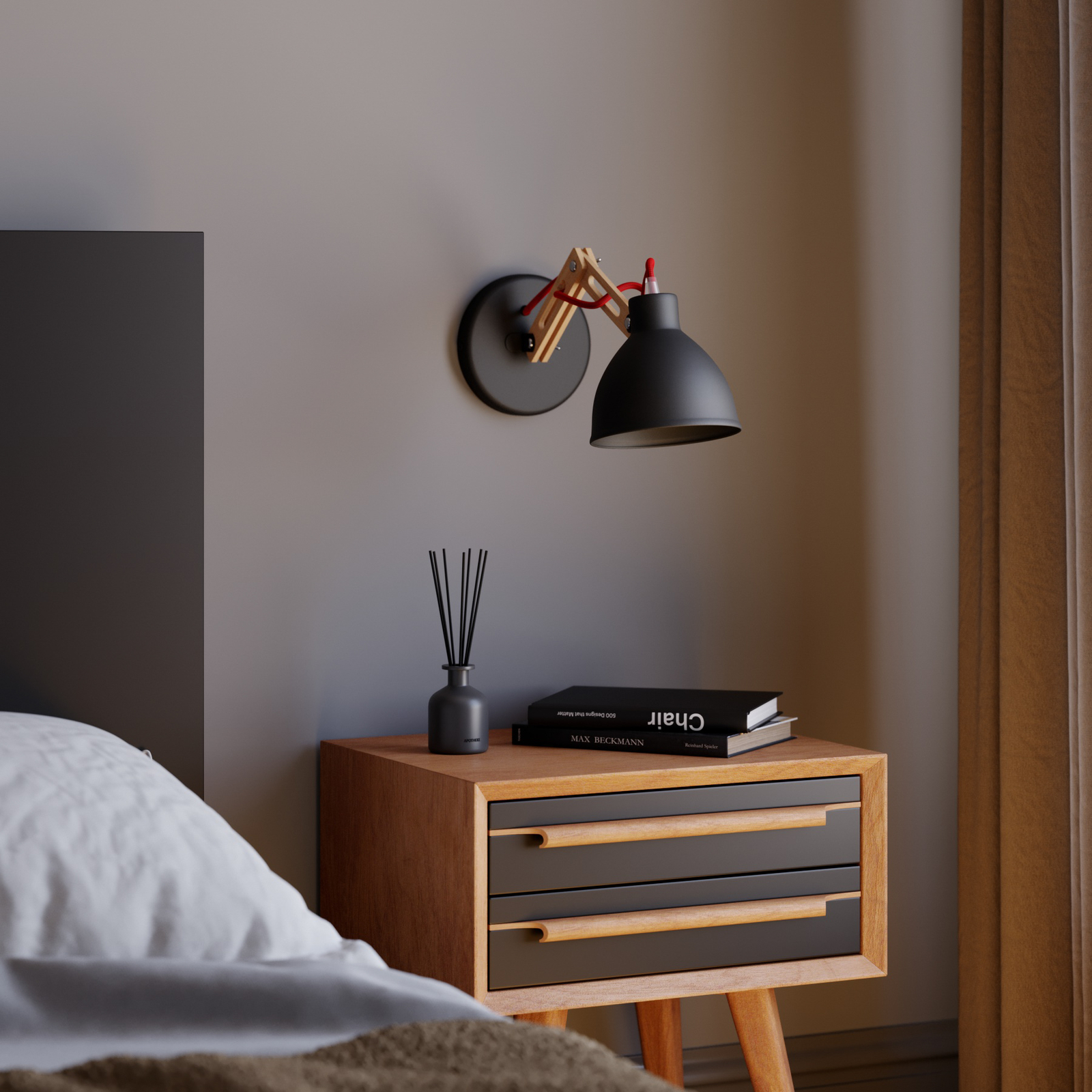 Skansen wall lamp, adjustable wooden arm, black