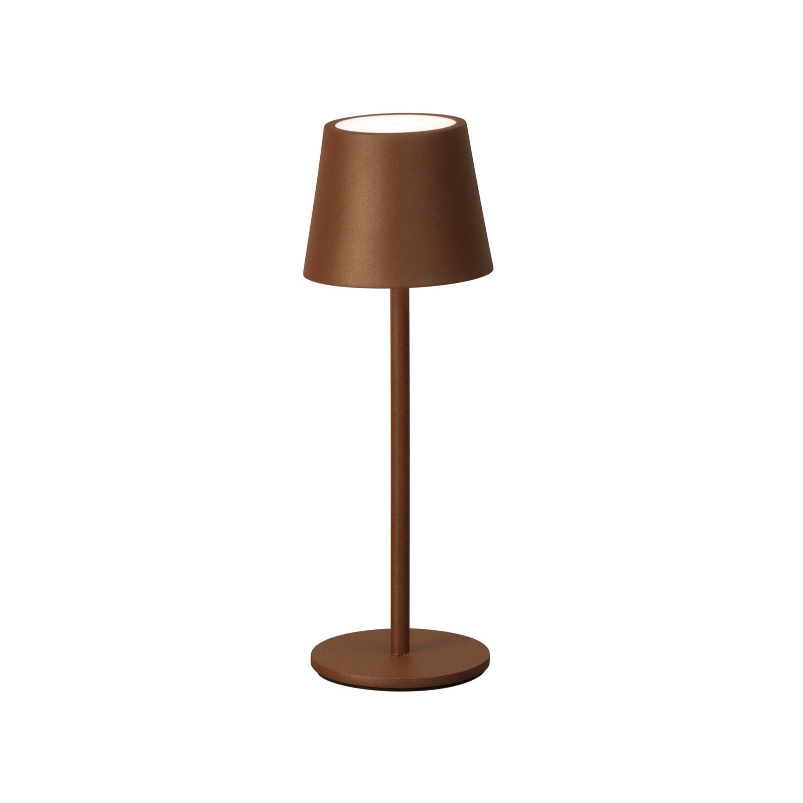 LED-Akku-Tischleuchte Roxi, rostfarben, Metall, IP54, Dimmer