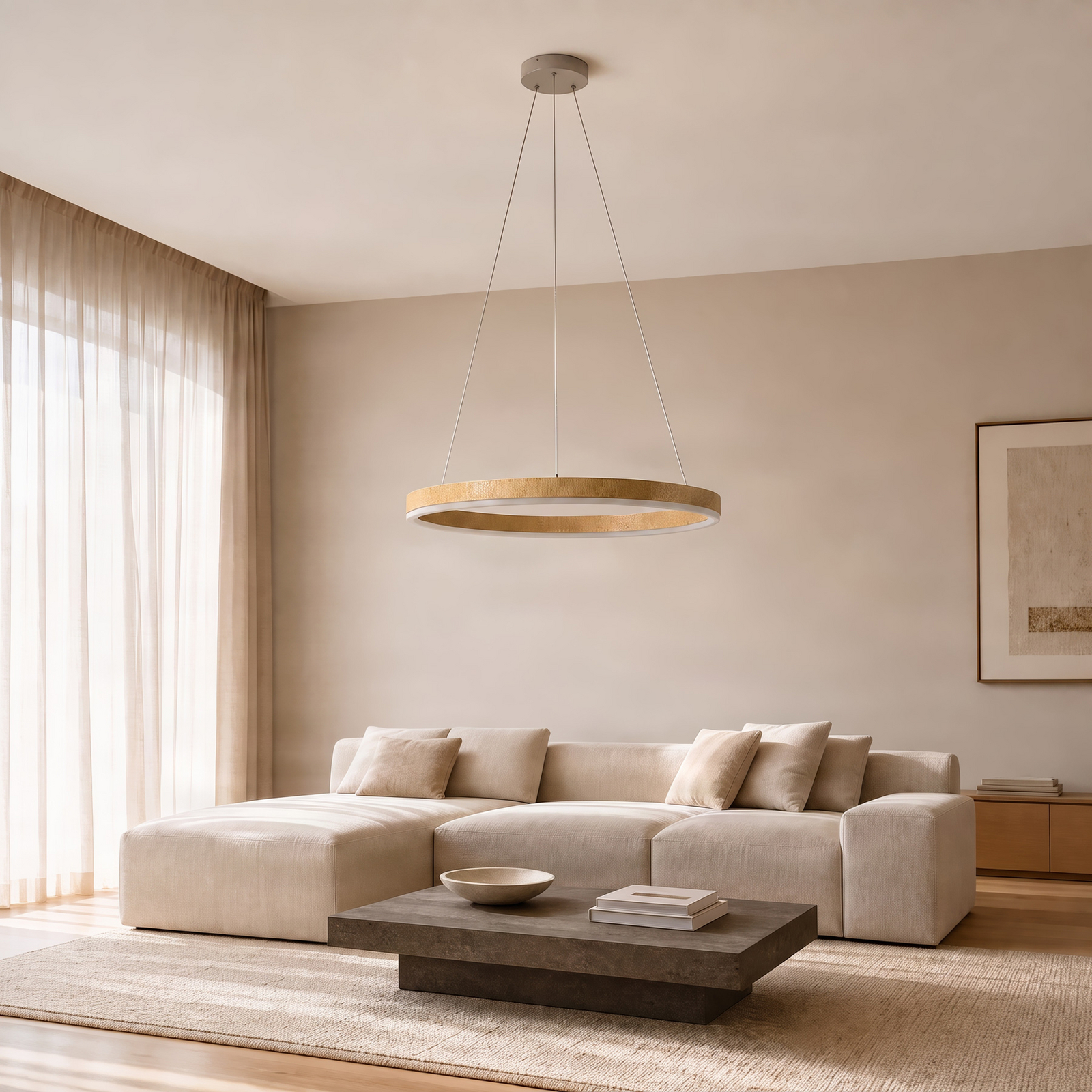 Suspension LED Thelma, chêne naturel/gris, Ø 70 cm - Lucande Suspension LED Thelma, chêne naturel/gris, Ø 70 cm - Lucande