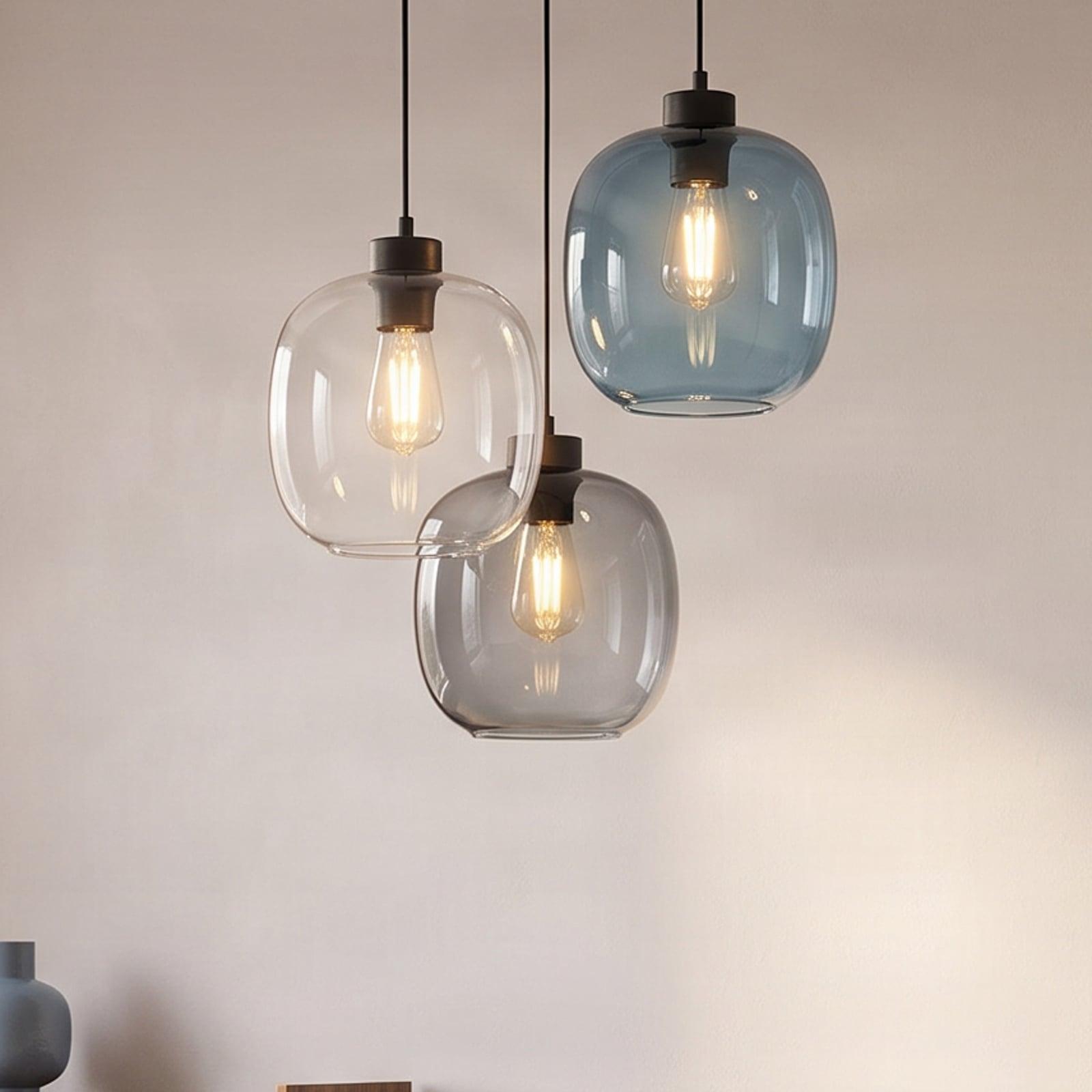 Suspension Elio, verre, bleu/clair/gris, Ø 52 cm, à 3 lampes