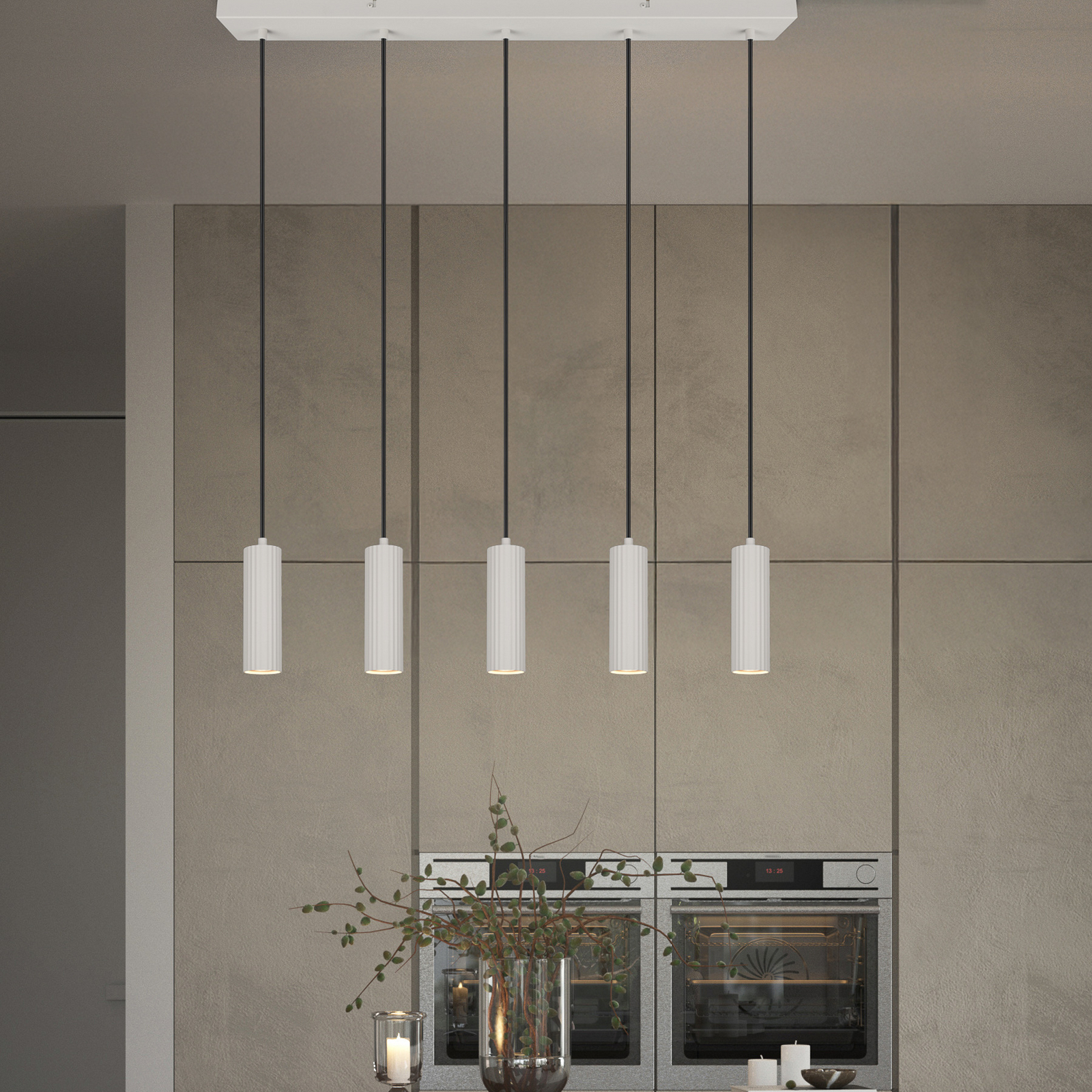 Hanglamp Soka, lichtgrijs, lengte 85 cm, metaal, 5-lamps. Hanglamp Soka, lichtgrijs, lengte 85 cm, metaal, 5-lamps.