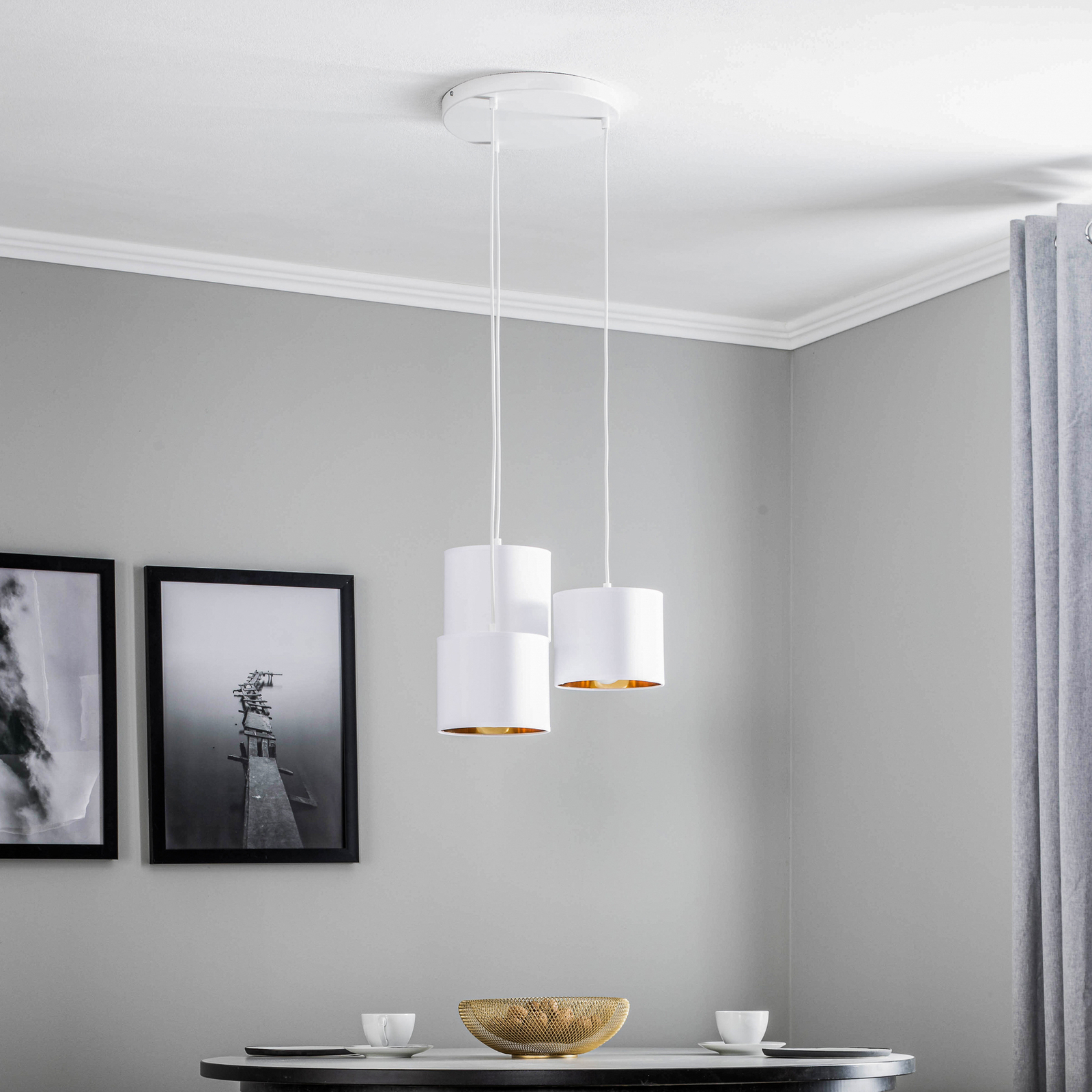 Hanglamp Soho, cilindervormig, rond 3-lamps wit/goud