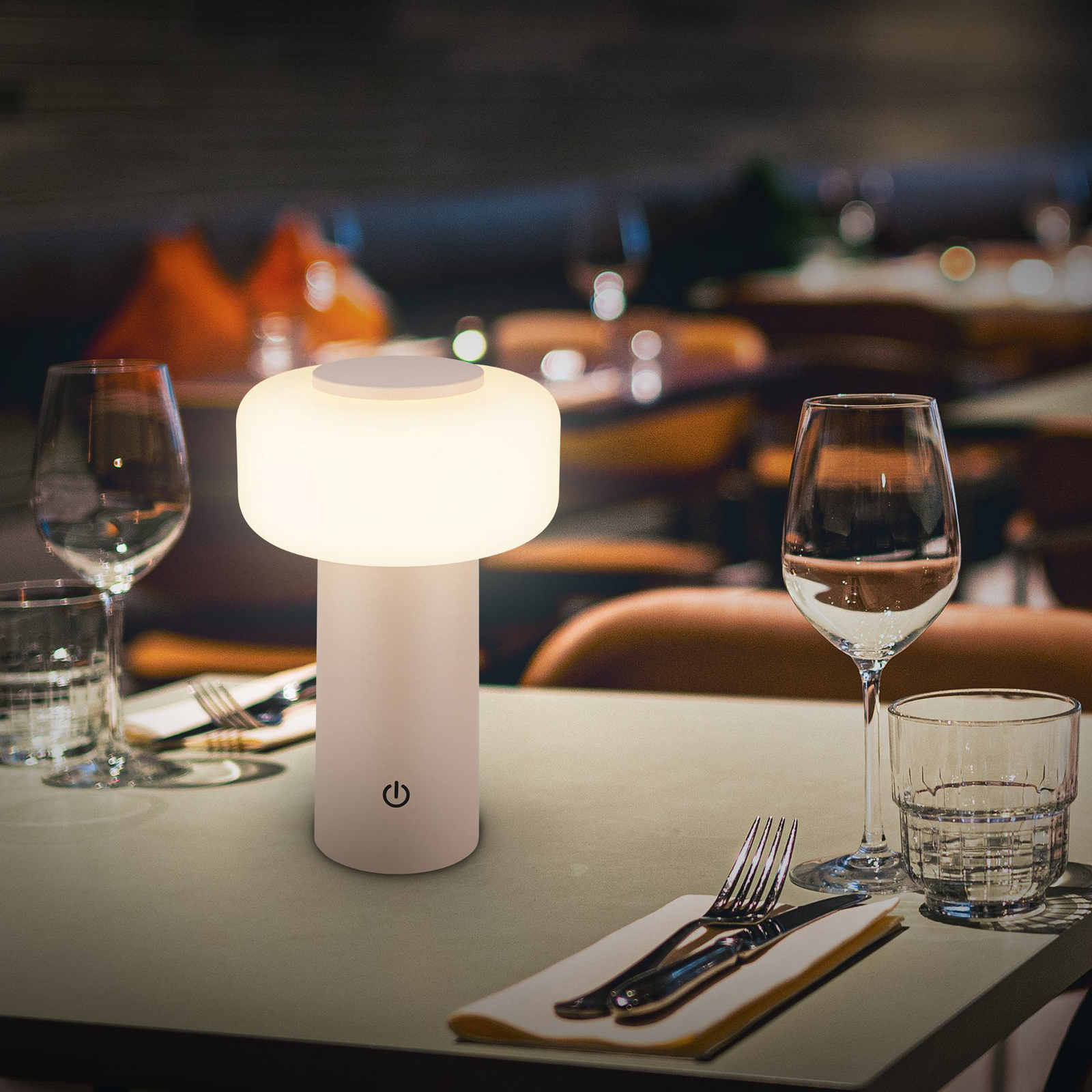 Juna LED rechargeable table lamp, beige, IP44, dimmable, 20 cm