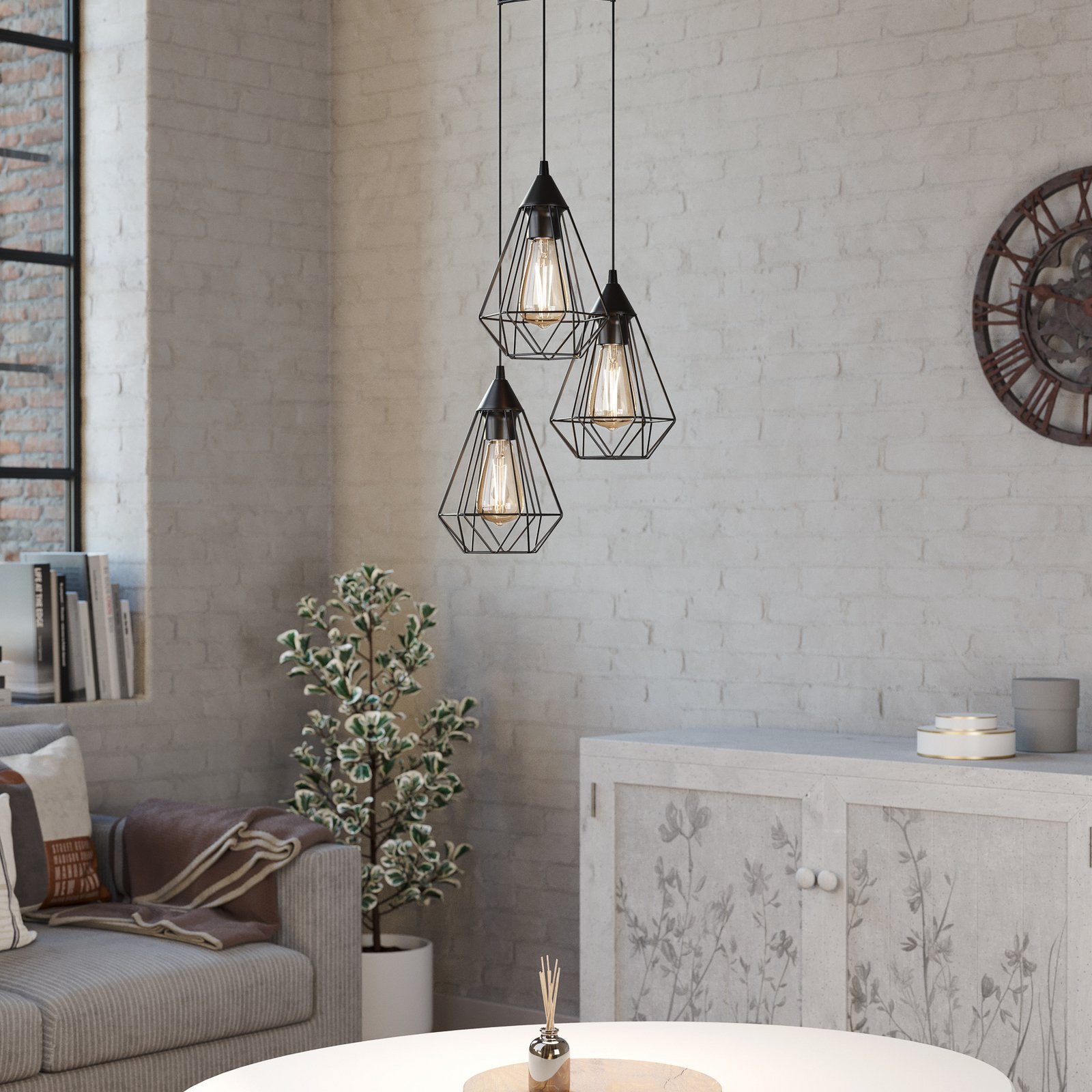 3-bulb vintage pendant light Tarbes in black