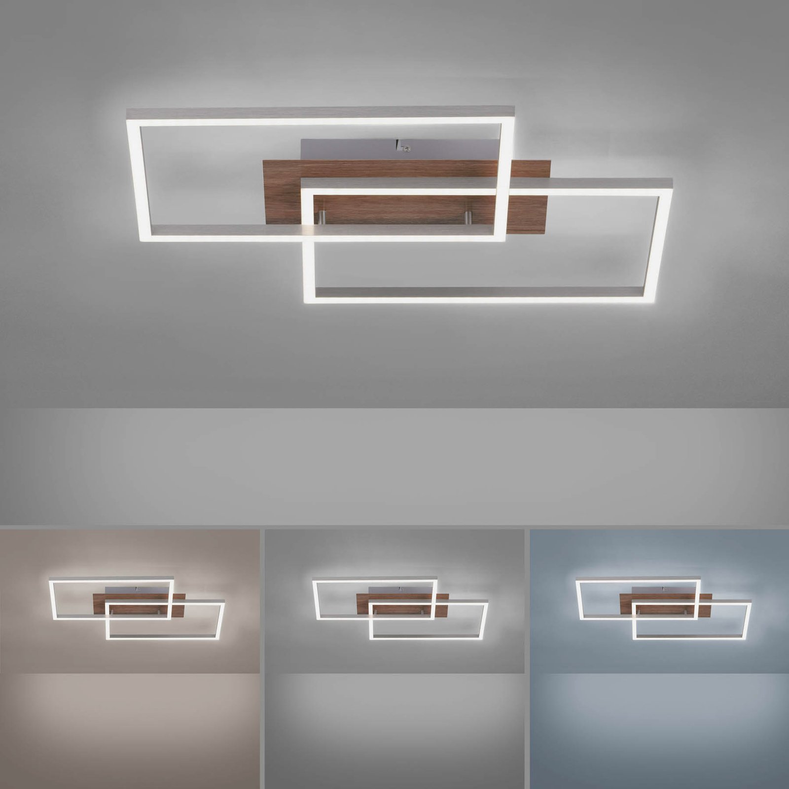 LED plafondlamp Iven, dim, staal/hout, 50,4x42cm