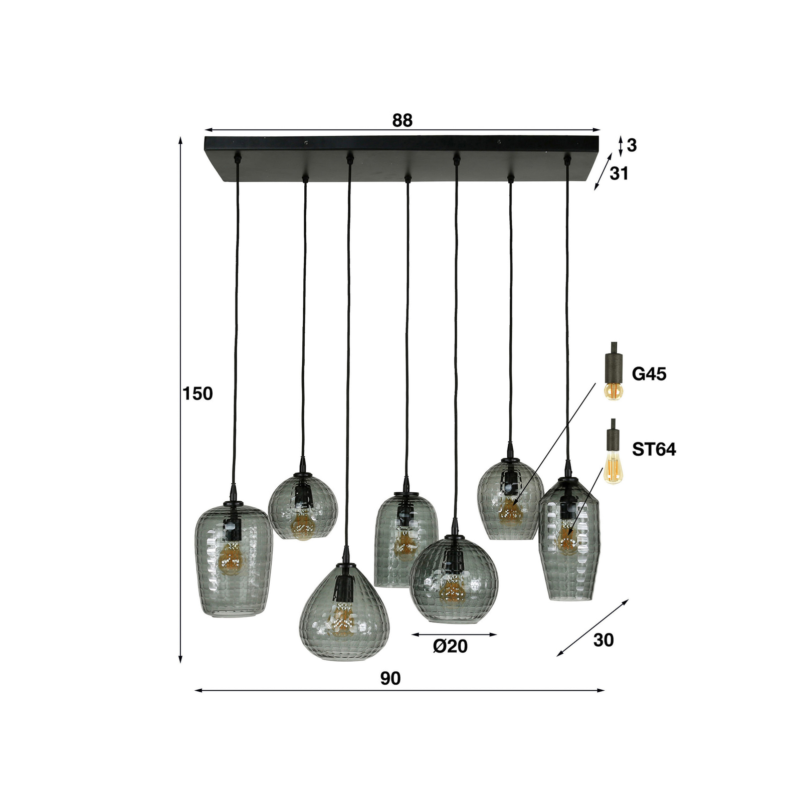 Hanglamp Vanderberg glazen kap 7-lamps