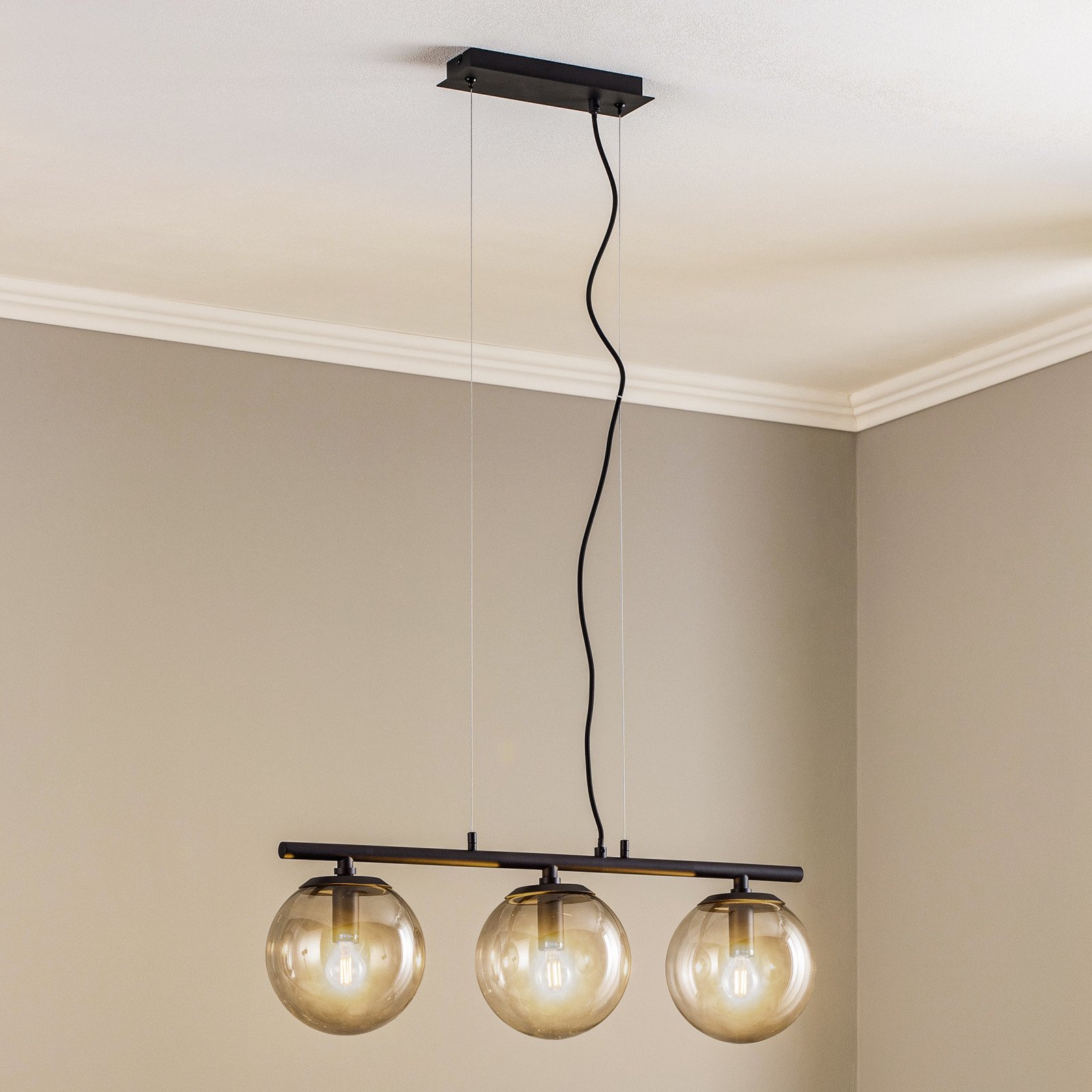 Lampă suspendată Lucande Sotiana 3 lumini lungă neagră - Camera de zi / sufragerie - Vintage - gri fumuriu negru - Sticlă