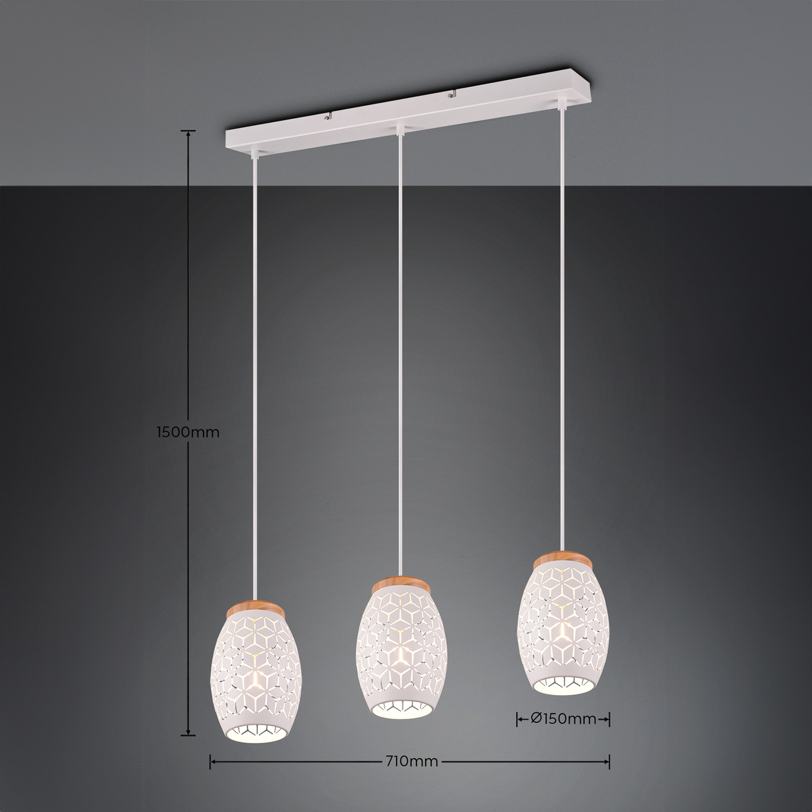 Bidar hanging light, length 71 cm, matt white, 3-bulb, metal