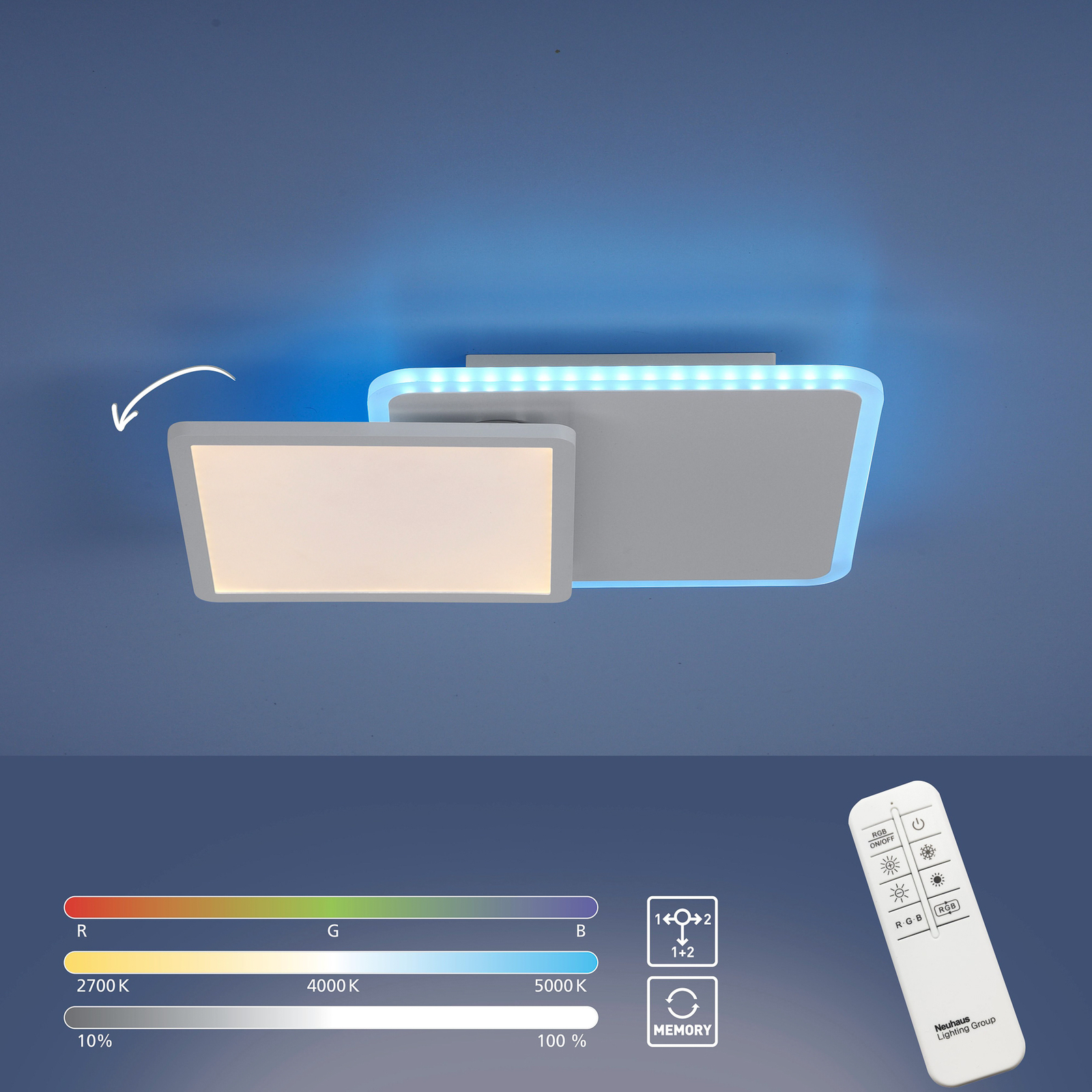 LED-Deckenlampe Arenda eckig, RGB/CCT, schwenkbar